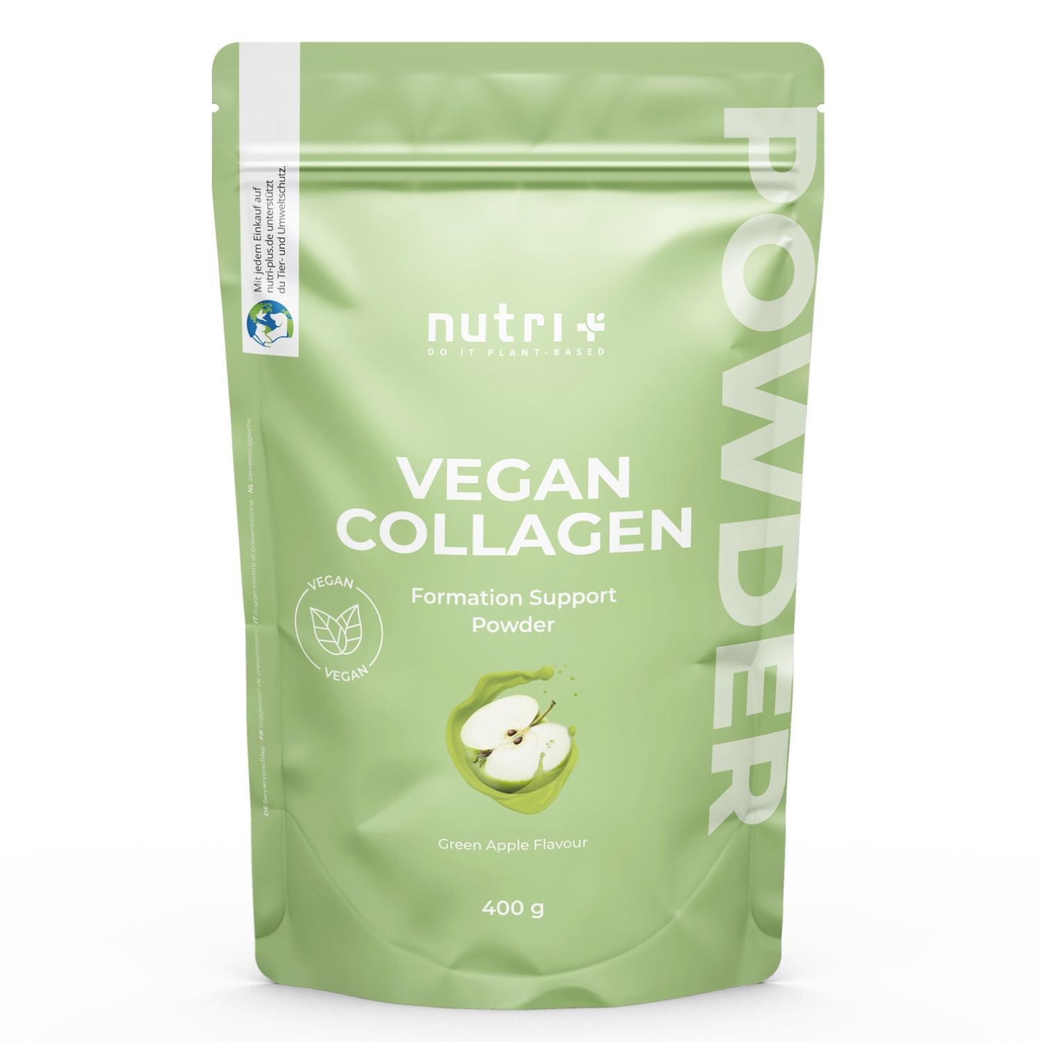 Groene zak met « nutri+ Vegan Collagen Formation Support Powder ». Appel illustratie. 400g. Vegan zegel.
