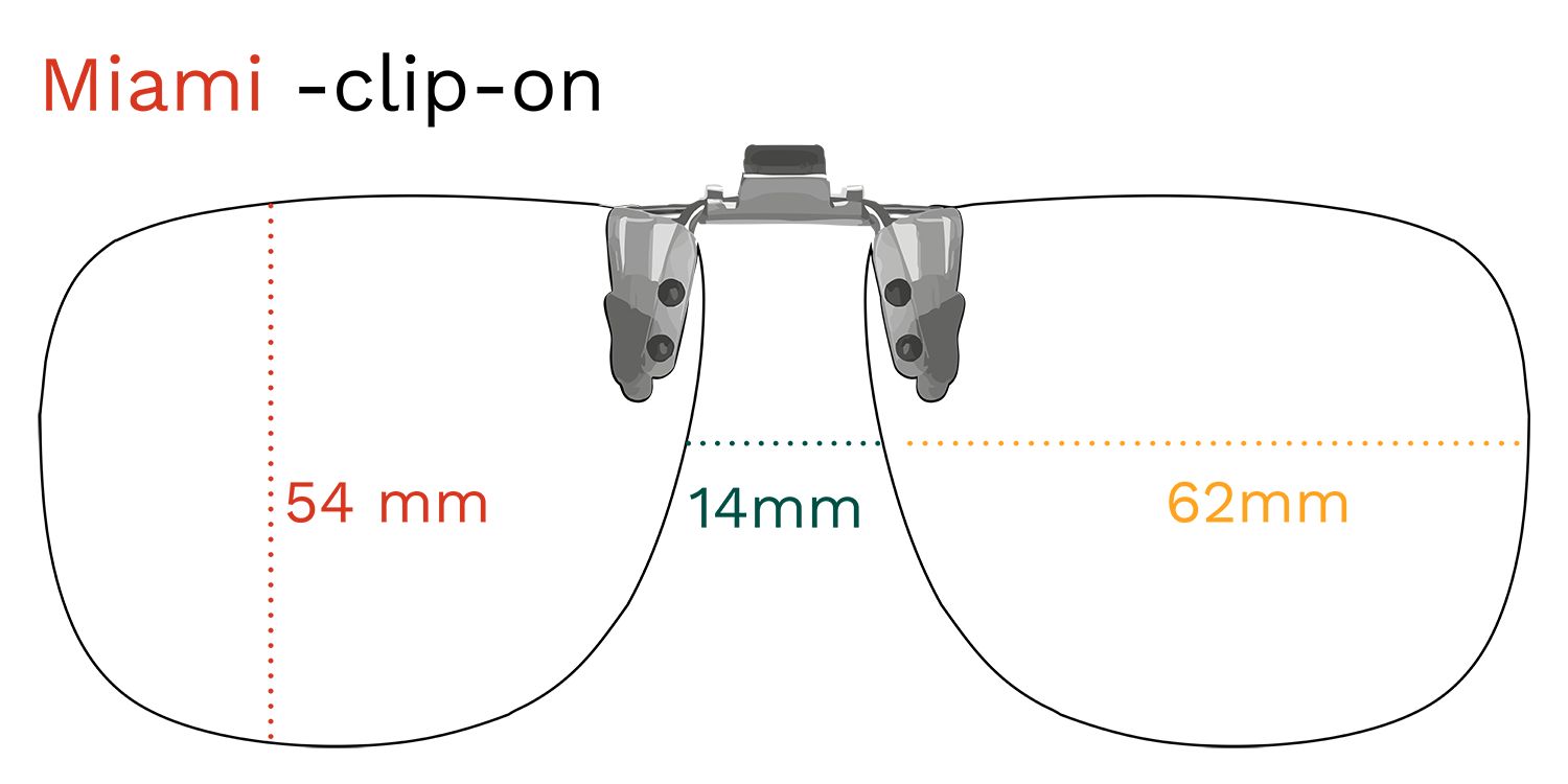 Lunettes de soleil clip-on Miami. Dimensions : 54 mm, 14 mm, 62 mm. Verres gris, clip argenté.