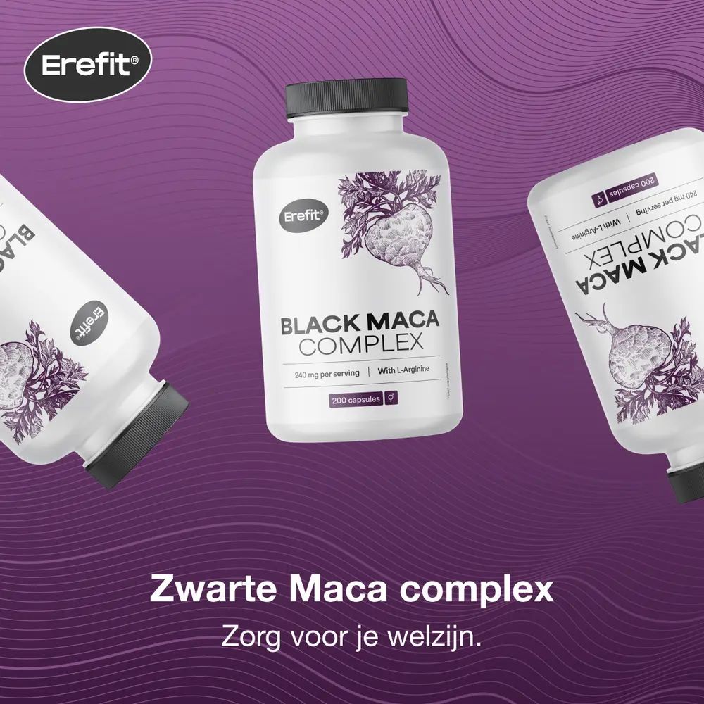 Drie flessen met Black Maca Complex. Tekst: Zwarte Maca complex. Zorg voor je welzijn.
