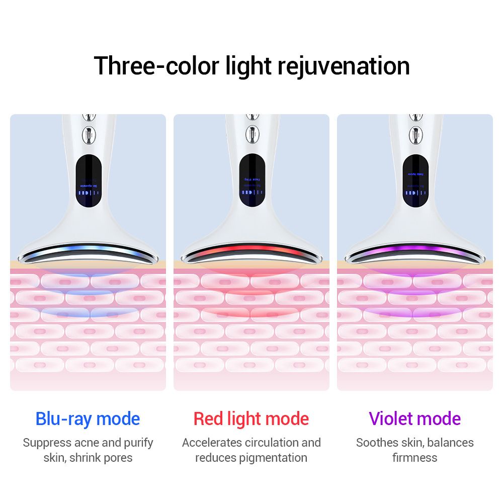 Trois appareils de lifting facial blancs avec différents modes d'éclairage: bleu, rouge et violet. Couches de peau représentées.