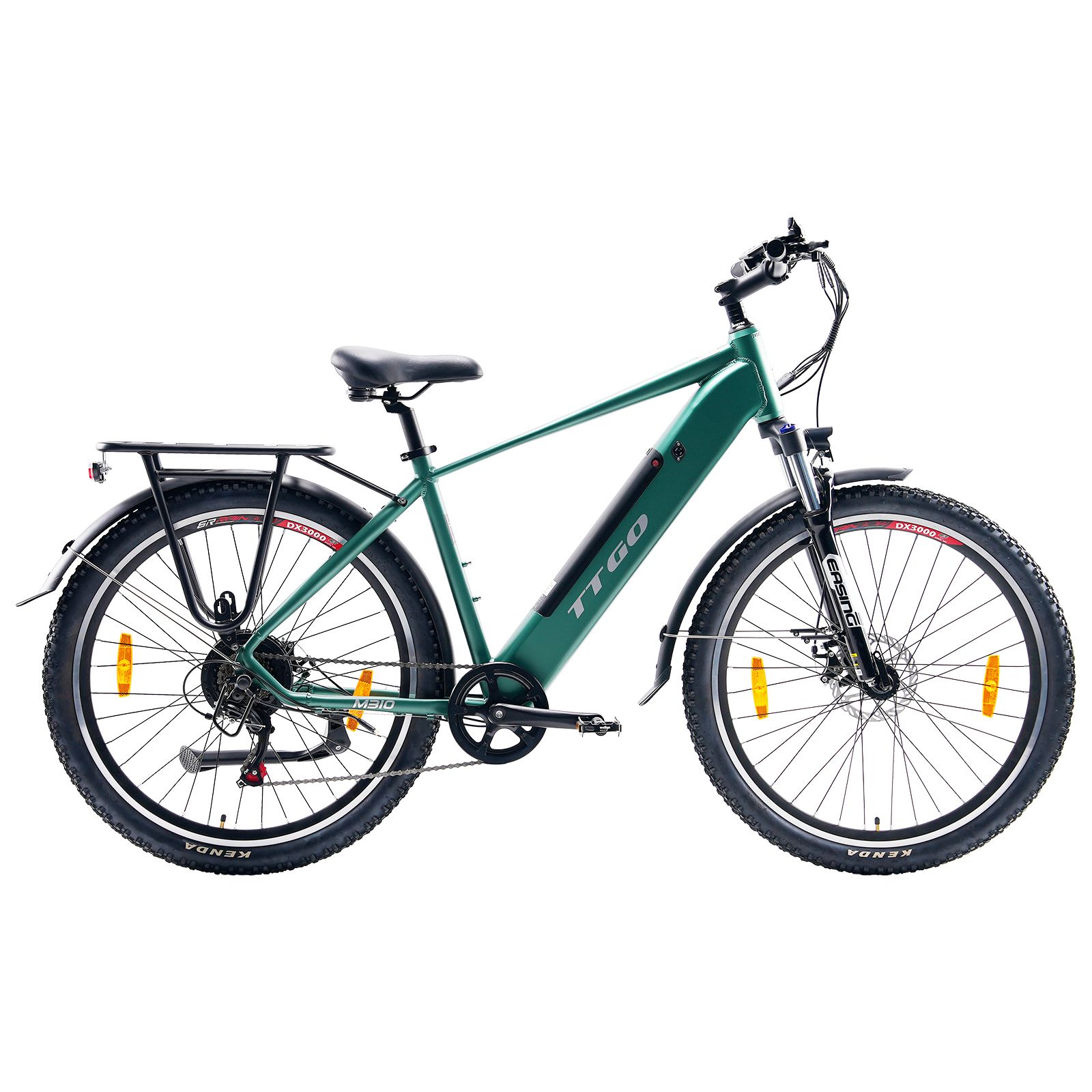 Groene TTGO e-bike met zwart zadel, banden en bagagedrager. Gele reflectoren.