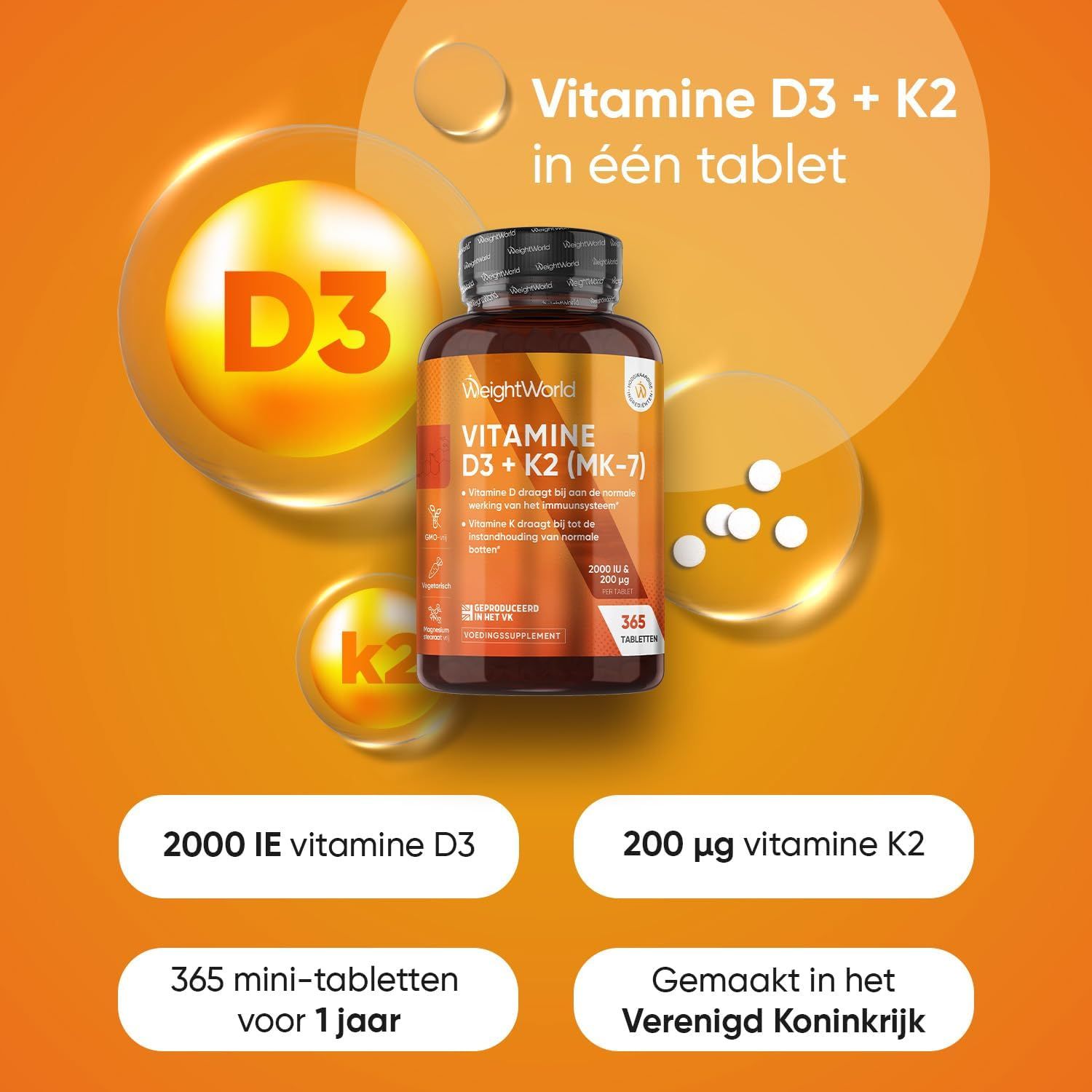 WeightWorld Vitamine D3+K2 fles, 365 tabletten, 2000 IE D3, 200µg K2.