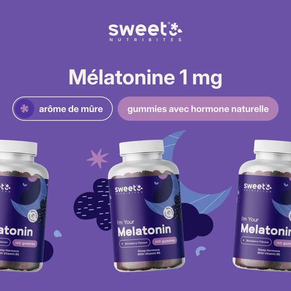 Mélatonine 1 mg. Goût mûre. Gommes avec hormone naturelle. Trois flacons.