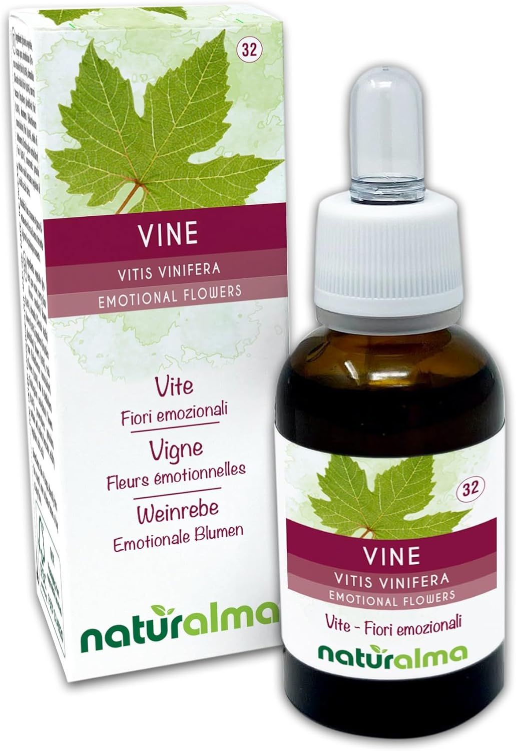 Bruine glazen fles met druppelaar en doos. Opschrift: VINE, Vitis Vinifera, Emotional Flowers. Merk: naturalma.