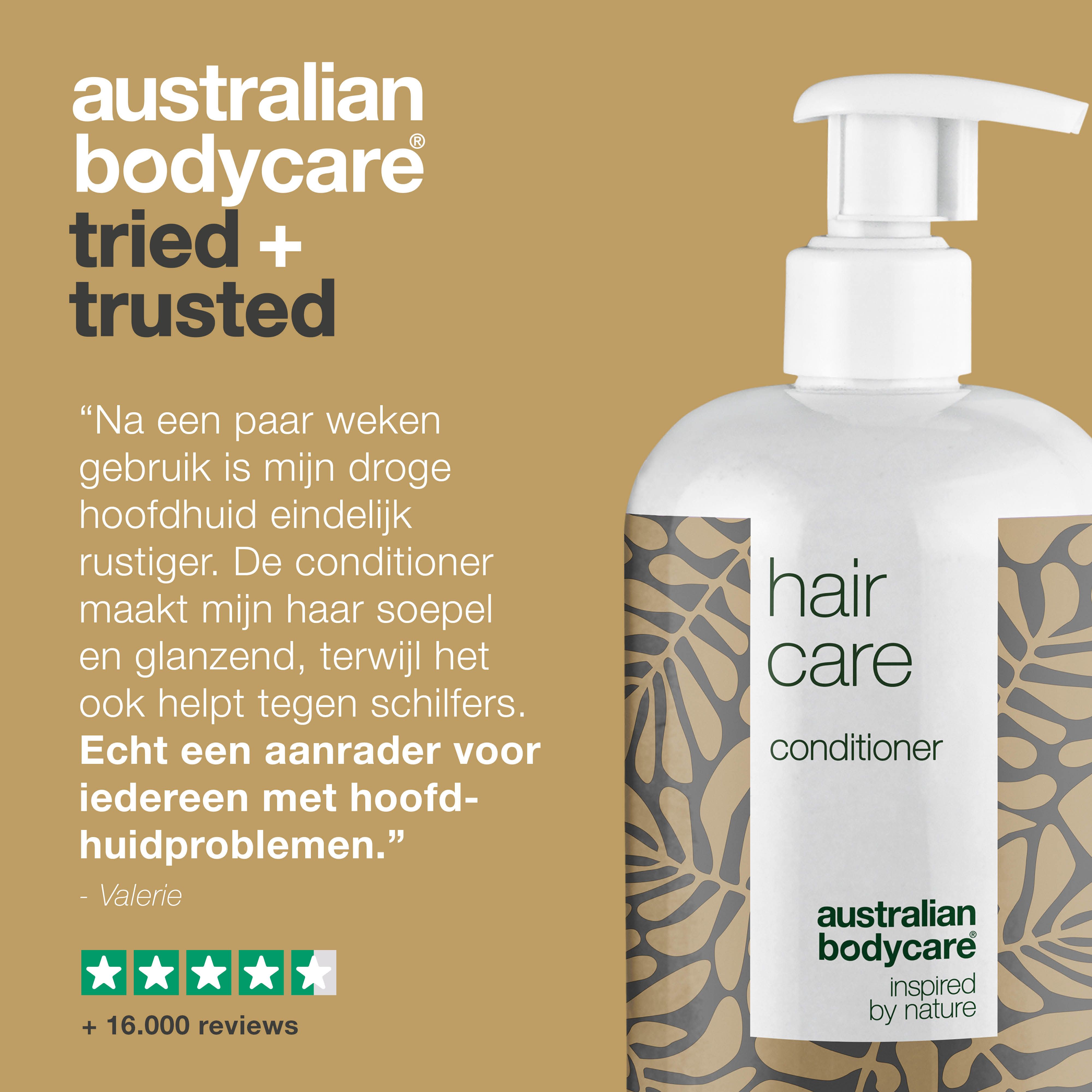 Fles conditioner met opschrift: Hair Care, Australian Bodycare. Tekst: getuigenis en 5-sterrenbeoordeling.