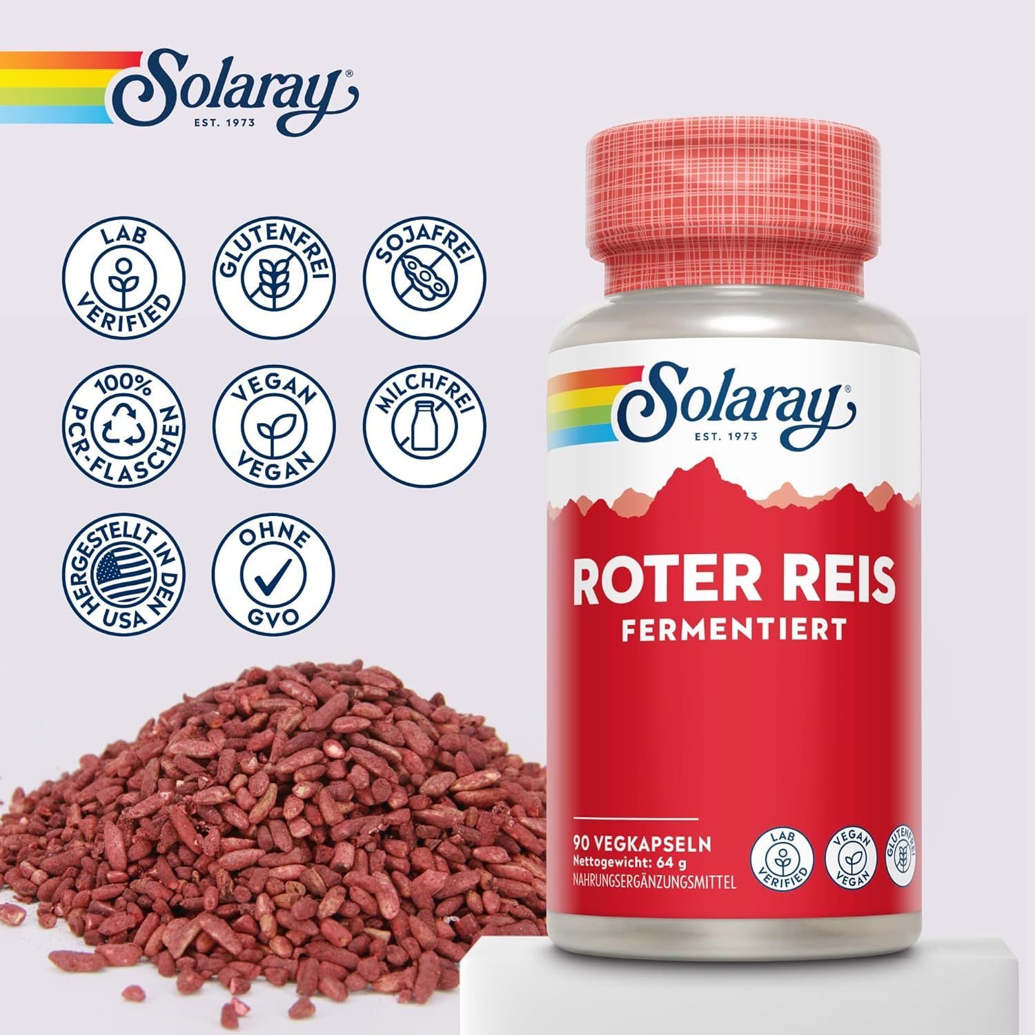 Solaray Gefermenteerde rode gistrijst capsules met zegels en rode rijst.