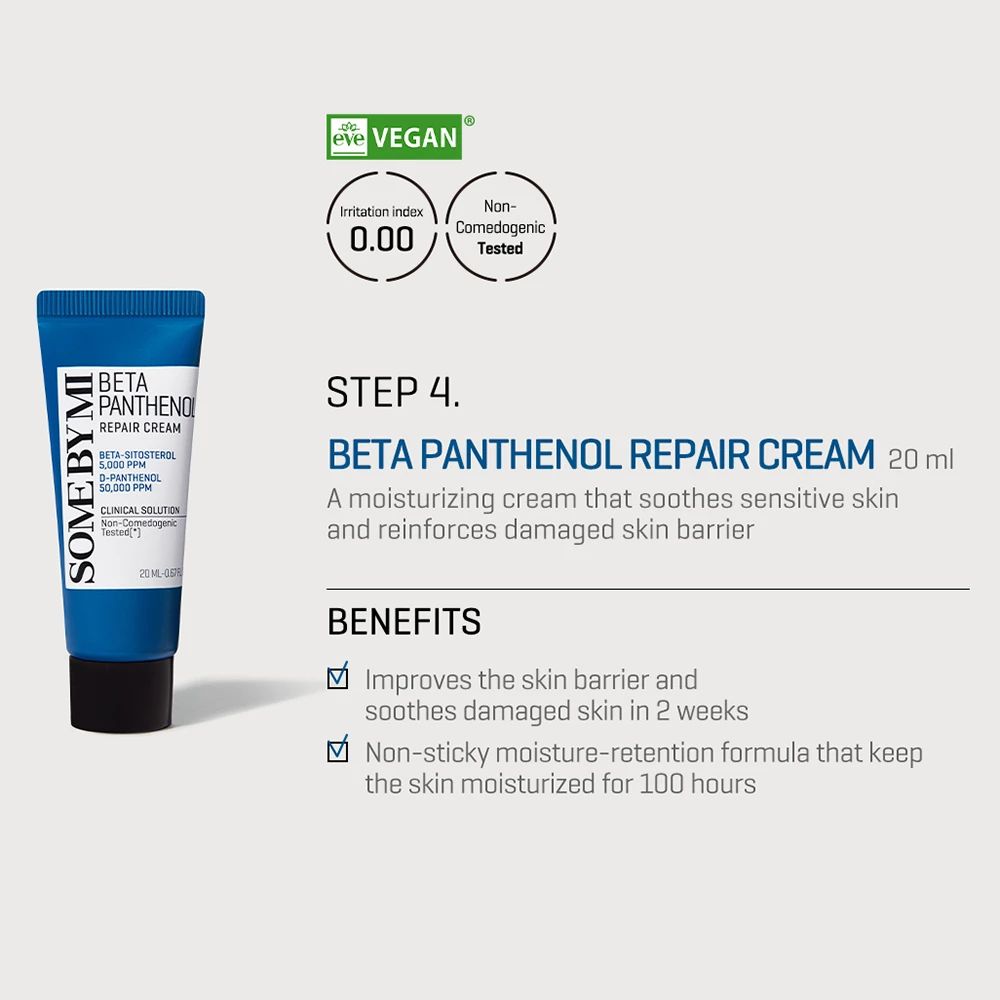 Tube bleu SOME BY MI Beta Panthenol Repair Cream. Bouchon noir. Texte et logos blancs.