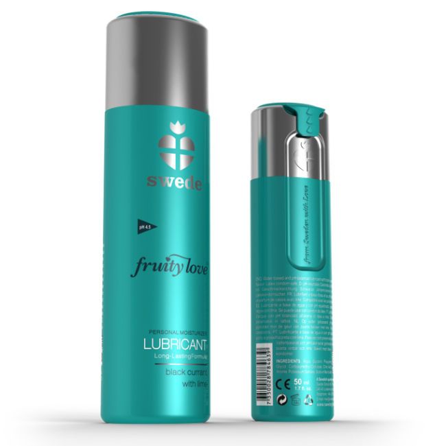 Twee flacons: een grote en een kleine. Personal Moisturizer Lubricant, Black Currant with Lime.