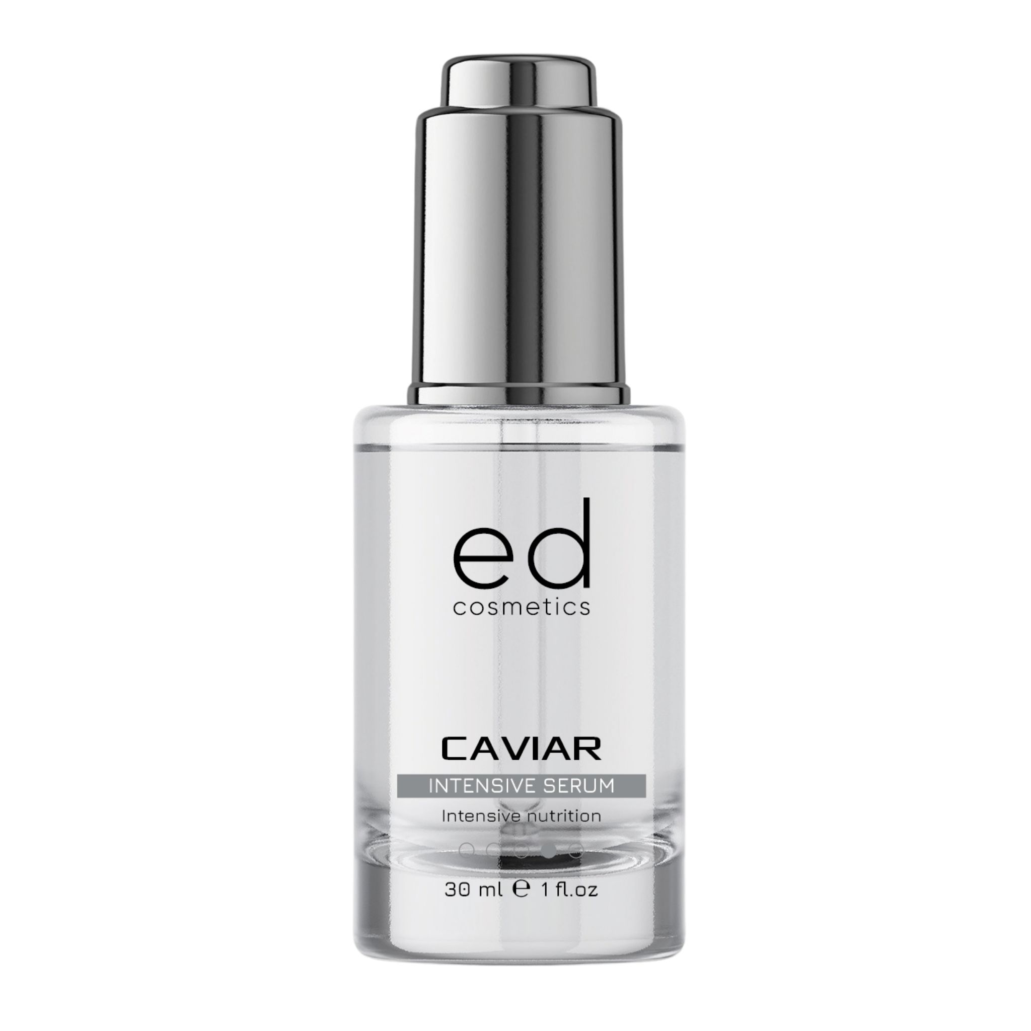 Flacon de sérum avec bouchon argenté. Inscription : "ed cosmetics", "CAVIAR INTENSIVE SERUM".