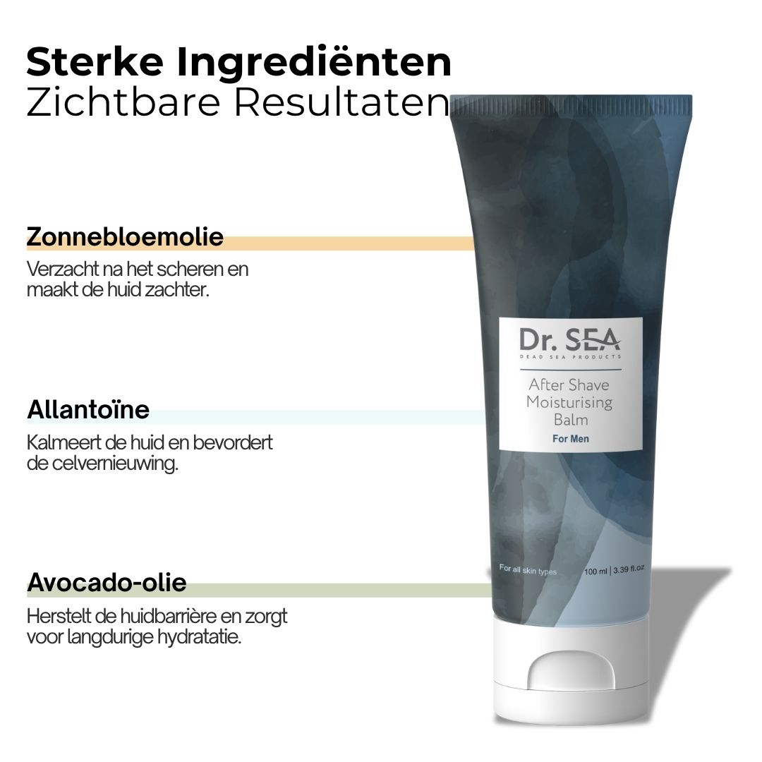 Aftershavebalsem tube. Tekst: Hydratatie, verzachtend, anti-droogheid, pH-regulatie.
