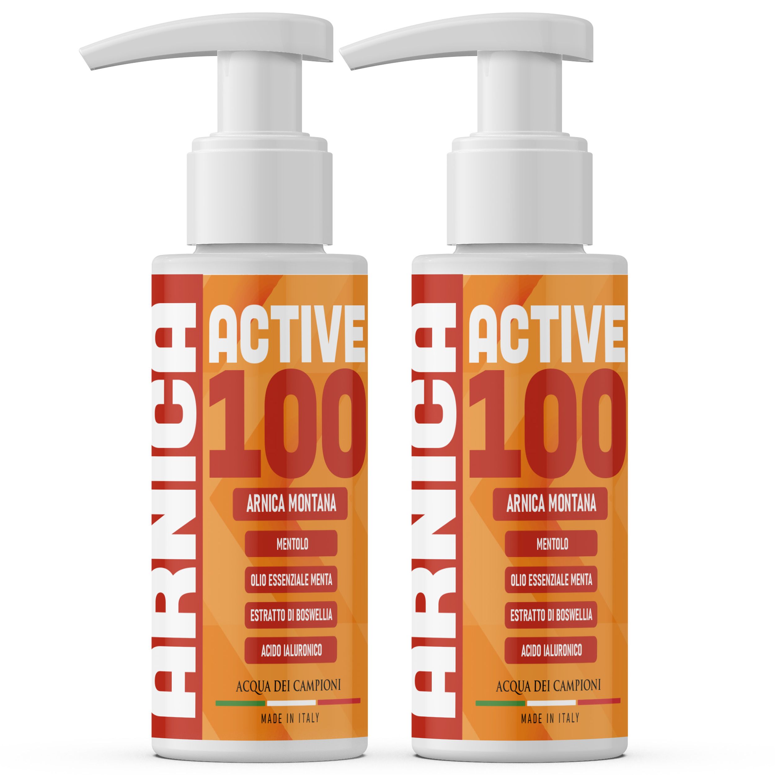 Twee flessen met pompdosering. Opschrift: Arnica Active 100. Ingrediënten: Arnica Montana, menthol, essentiële pepermuntolie, Boswellia-extract, hyaluronzuur.