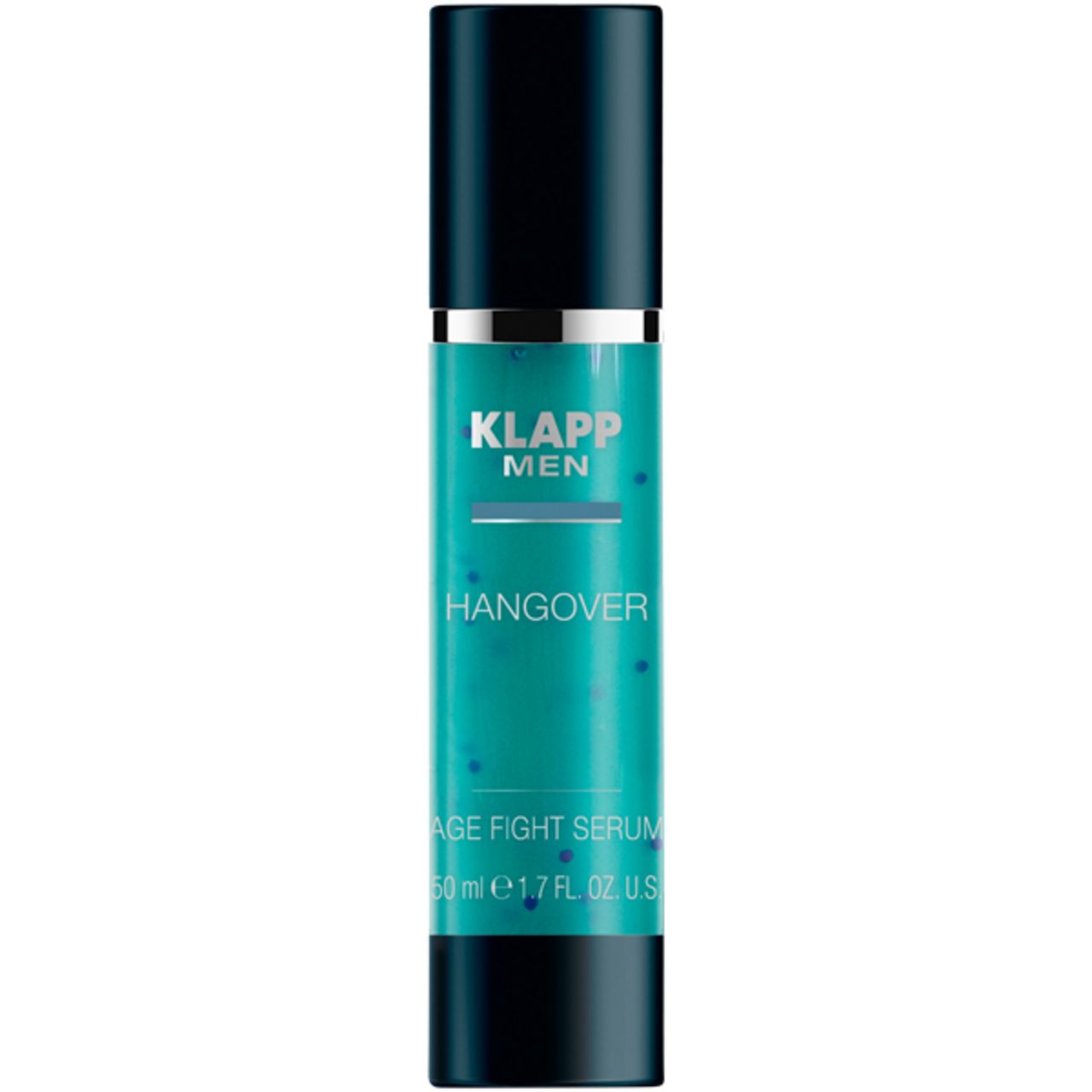 Serumfles met zwarte dop. Opschrift: KLAPP Men, Hangover Age Fight Serum, 50 ml.