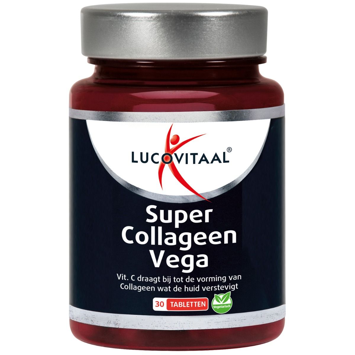 Flacon brun de 'Super Collageen Vega' de Lucovitaal. Contient 30 comprimés. Logo végétarien.