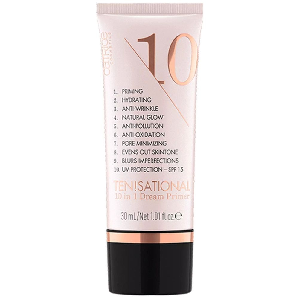 Tube met primer. Opschrift: TEN!SATIONAL 10 in 1 Dream Primer. Ingrediënten: Priming, Hydrating, Anti-Wrinkle, Natural Glow, Anti-Pollution, Anti-Oxidation, Pore Minimizing, Evens out skintone, Blurs imperfections, UV Protection - SPF 15.