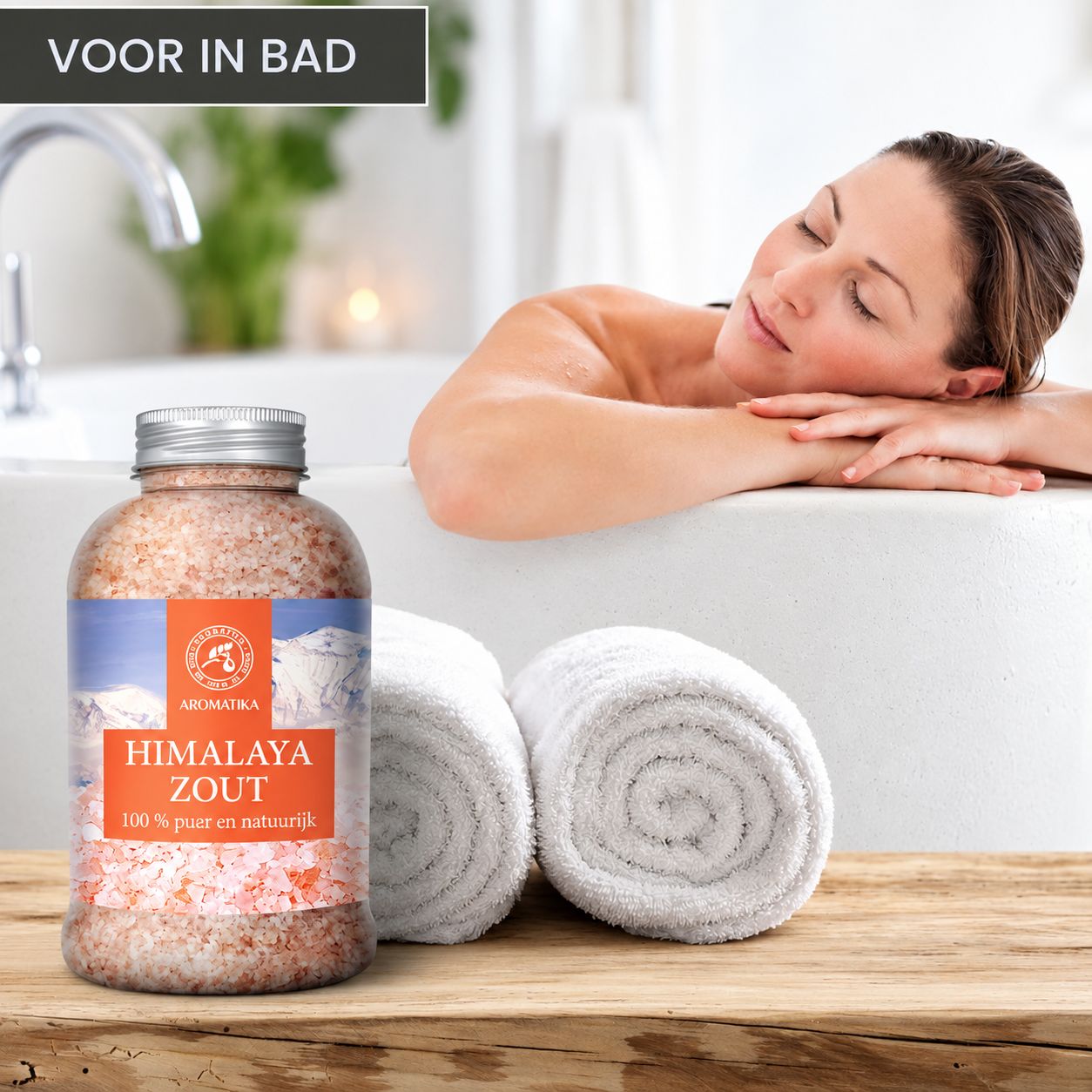 Fles met roze Himalayazout, opschrift "Himalaya Zout 100% puur en natuurlijk".