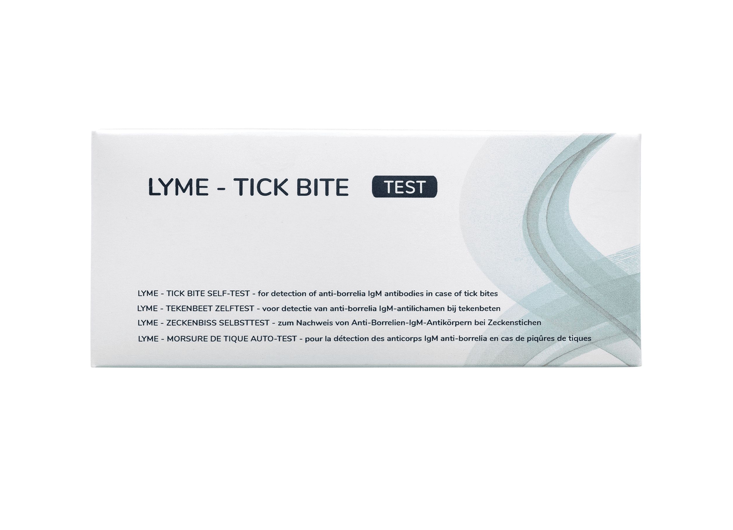 Verpakking van de Lyme-test met meertalige productinformatie.