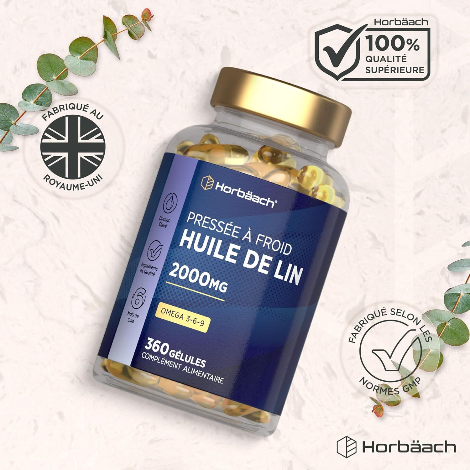 Horbäach Huile de Lin, 2000mg, 360 gélules. Fabriqué au Royaume-Uni.