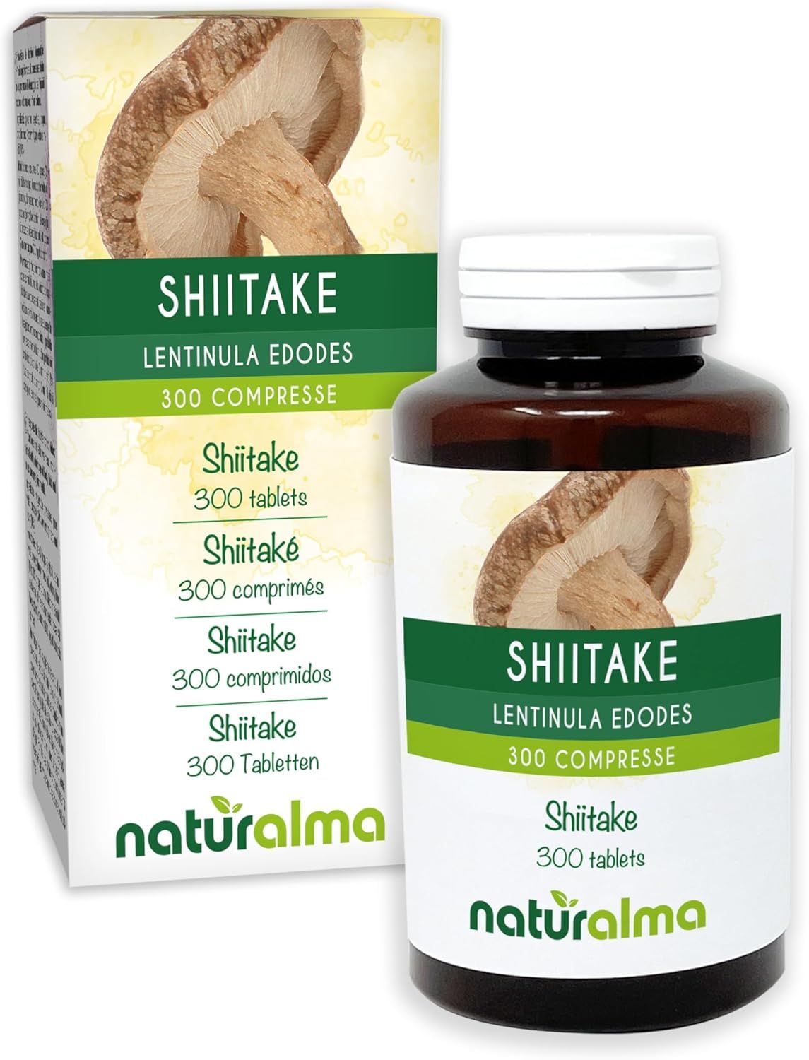 Comprimés Shiitake Lentinula edodes, flacon et emballage. Logo Naturalma.