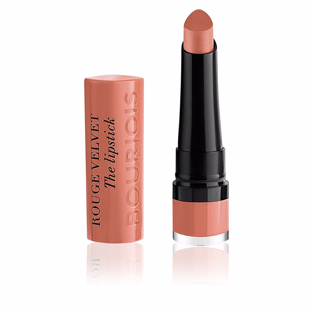 Lippenstift met open dop. Opschrift "ROUGE VELVET The lipstick" en "BOURJOIS".