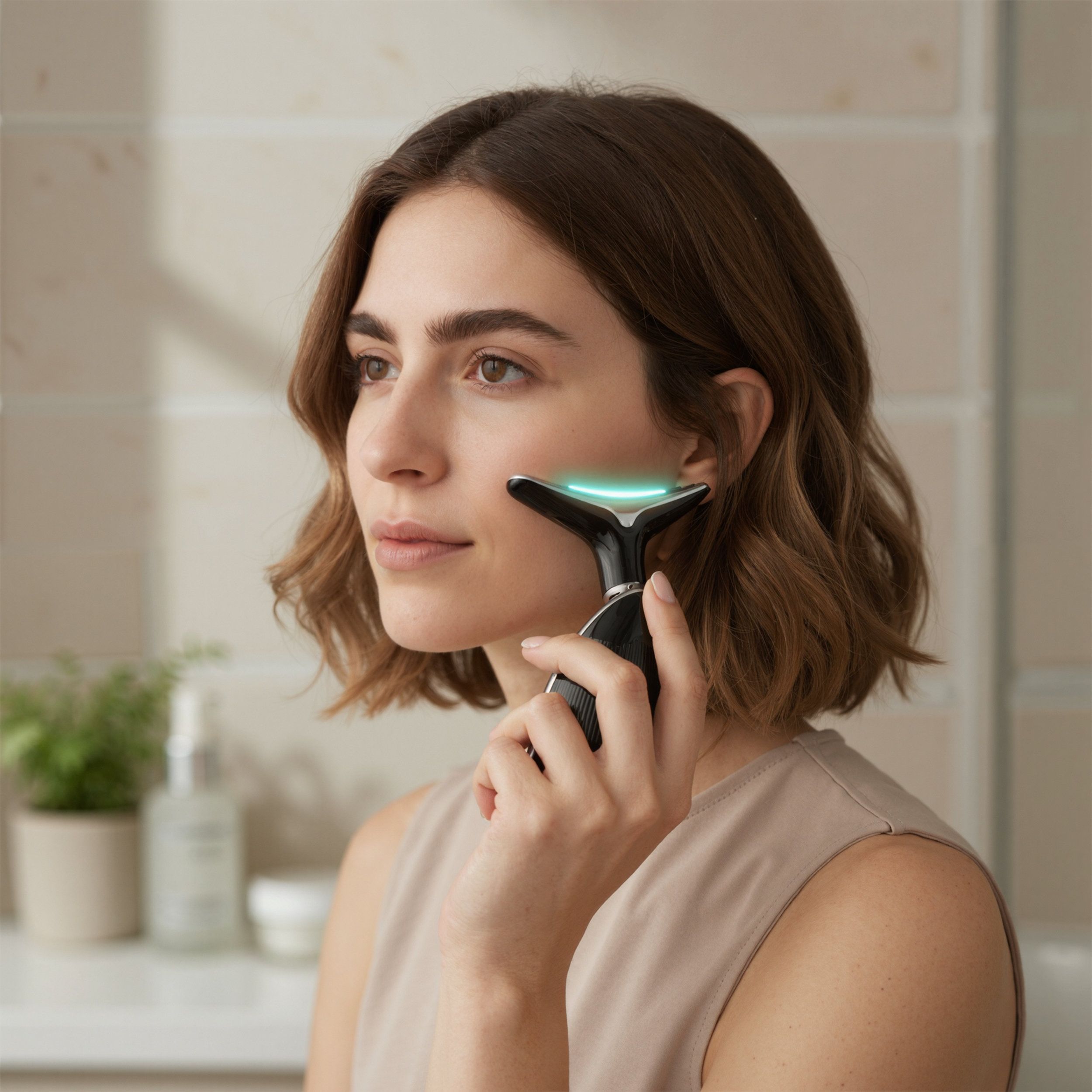 Appareil noir et argenté sur le visage d'une femme. Tête lumineuse verte. En cours d'utilisation.