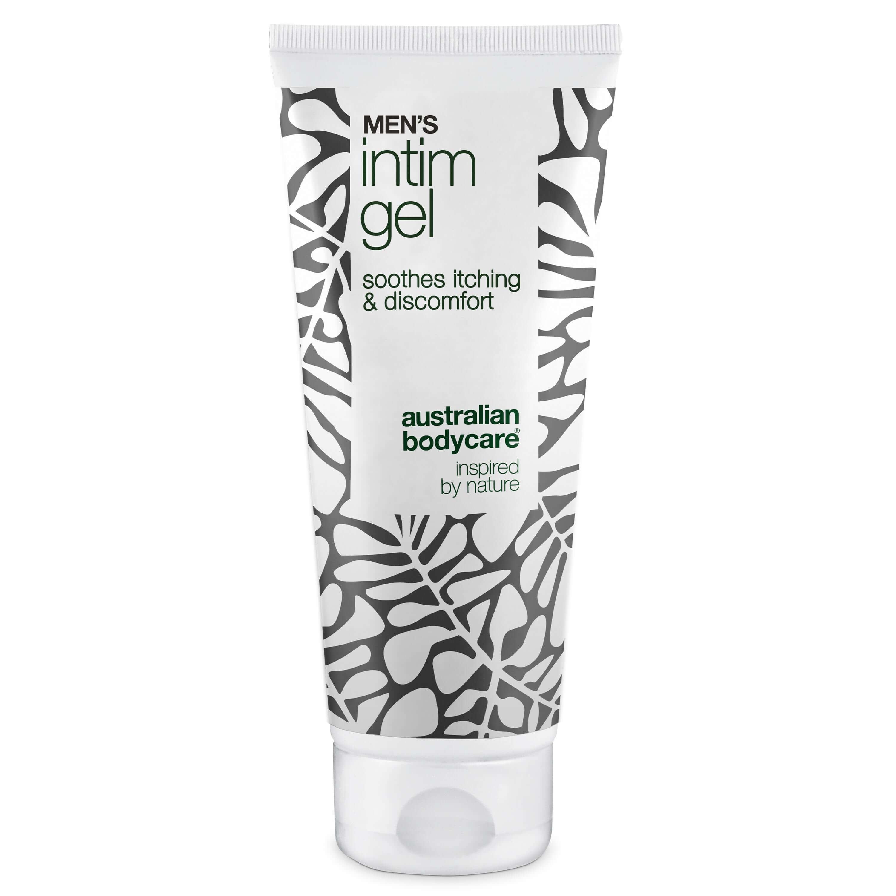 Tube intieme gel voor mannen. Wit, zwart bladpatroon. Tekst: Men's Intim Gel, verzacht jeuk en ongemak.