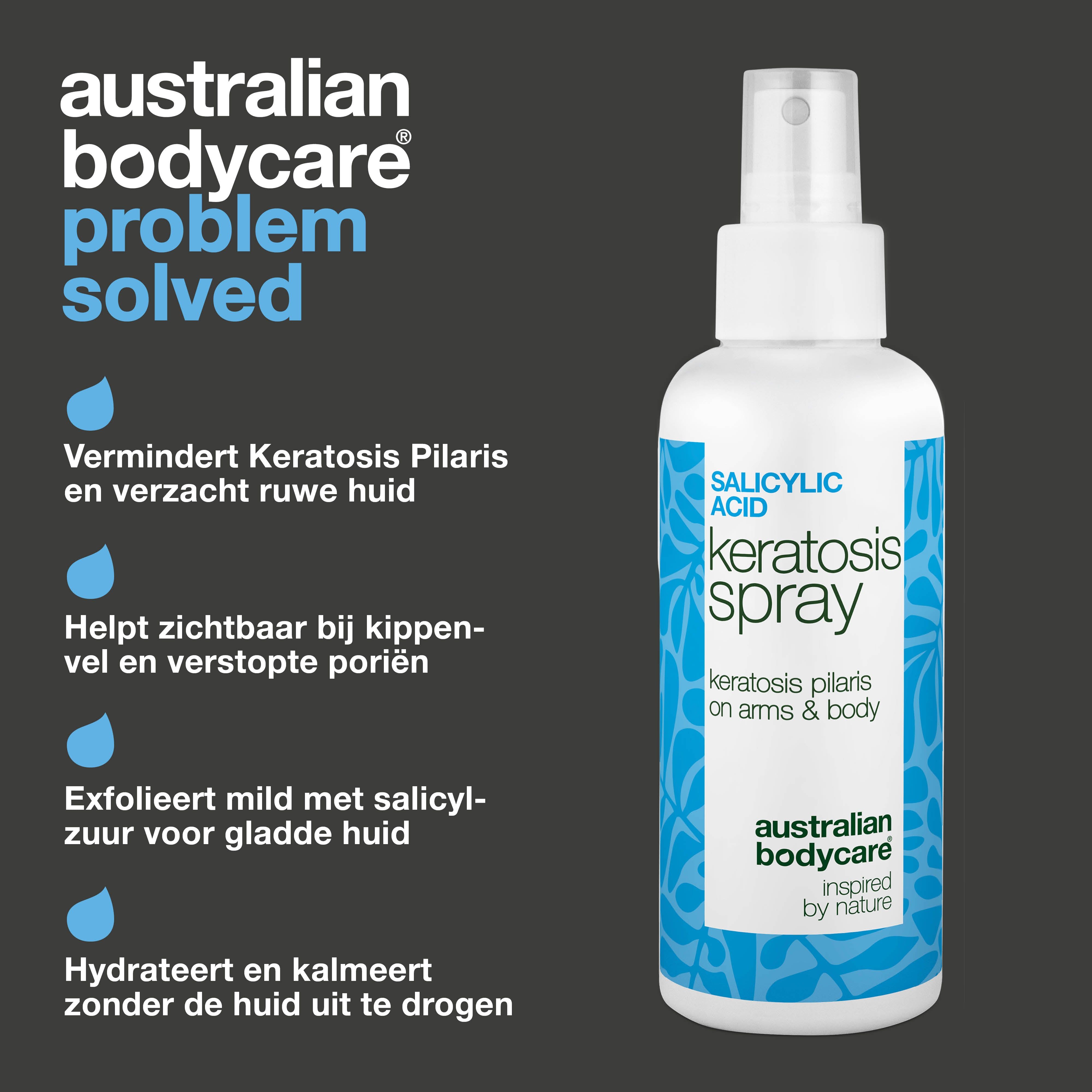Spray: Keratosis Spray, Australian Bodycare. Tekst: probleem opgelost. Vermindert Keratosis Pilaris.