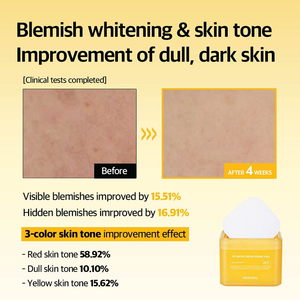Comparaison avant/après des améliorations de la peau grâce au MEDIHEAL Vitamide Brightening Pad. Résultats affichés en pourcentage.