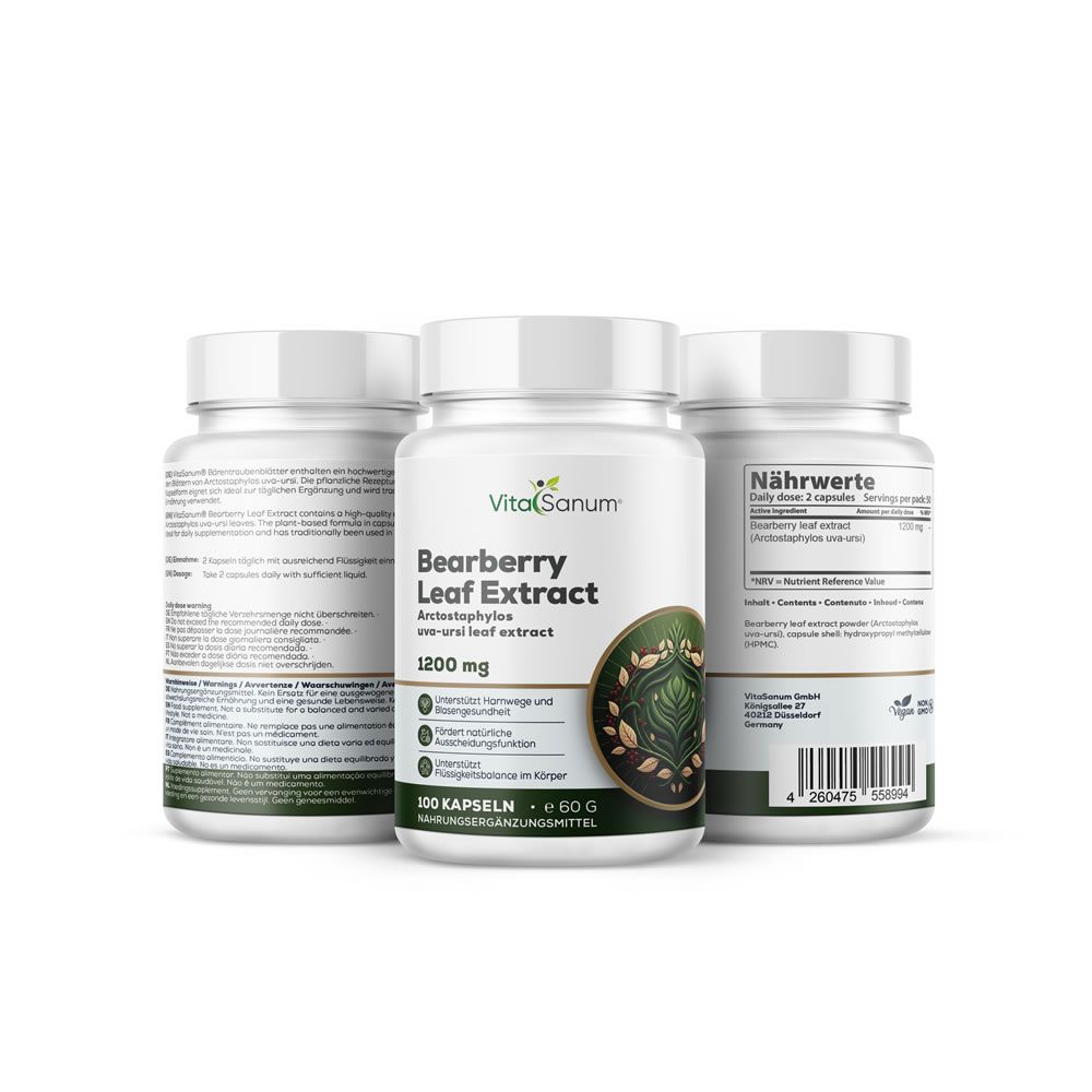 Trois flacons blancs VitaSanum® avec étiquette. Inscription: Bearberry Leaf Extract, 1200 mg. 100 gélules.