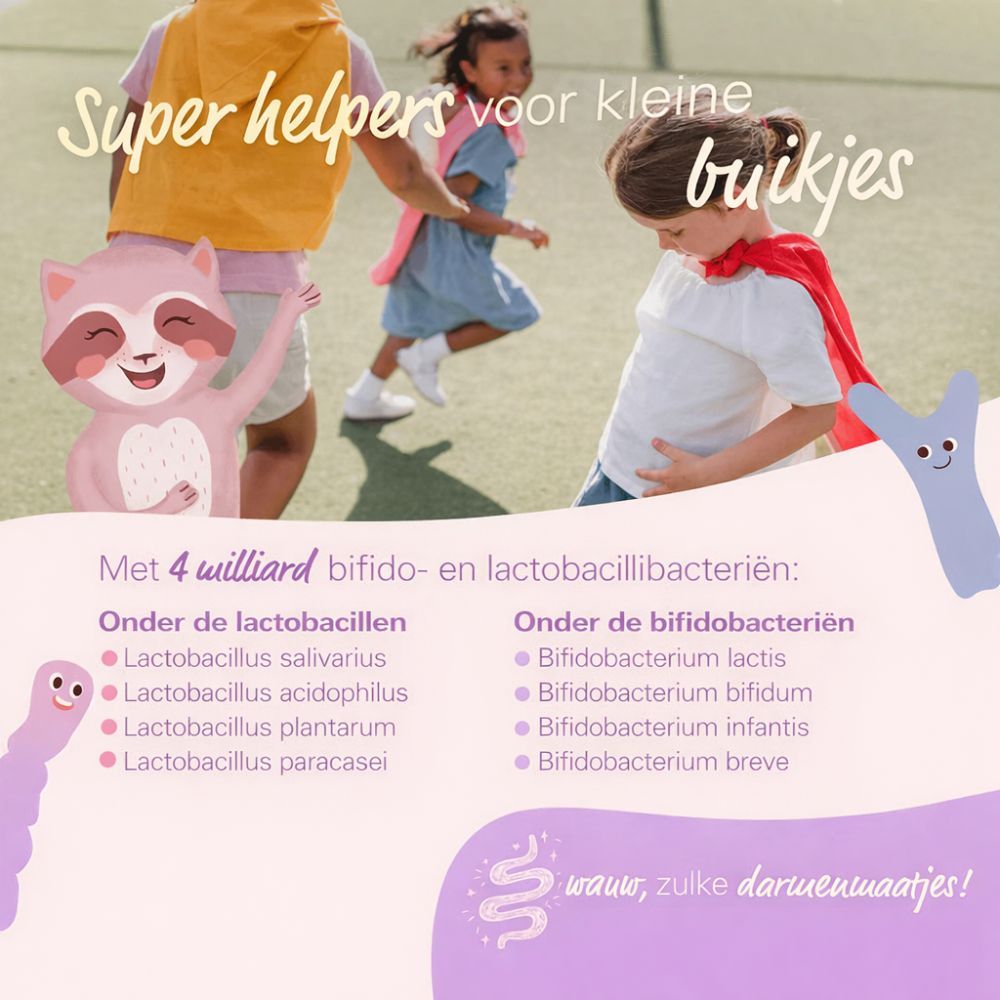 Illustraties van kinderen. Tekst: Met 4 miljard bifido- en melkzuurbacteriën. Opsomming van bacteriestammen.