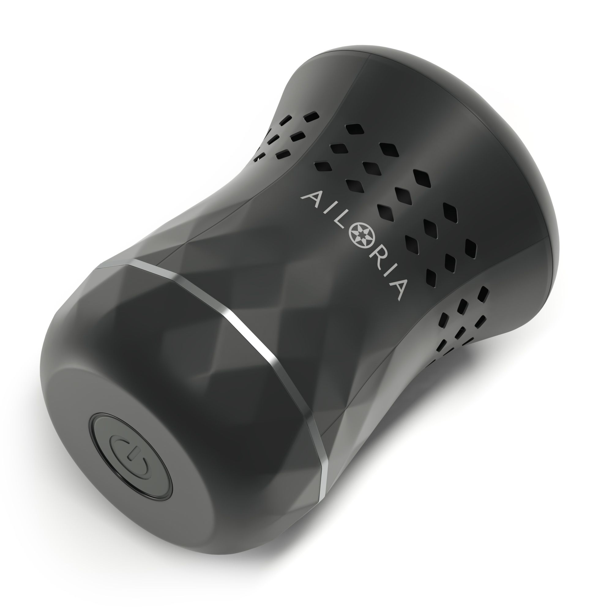 Appareil noir cylindrique avec AILORIA. Motif diamant, anneau argenté, bouton marche/arrêt.
