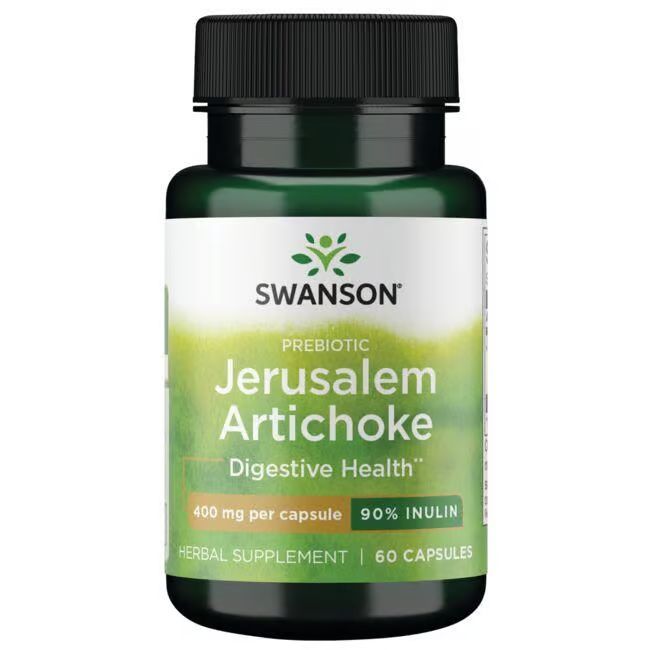 Flacon vert de gélules SWANSON Prebiotique Topinambur. Inscription: Jerusalem Artichoke, 400 mg par gélule, 90% inuline.