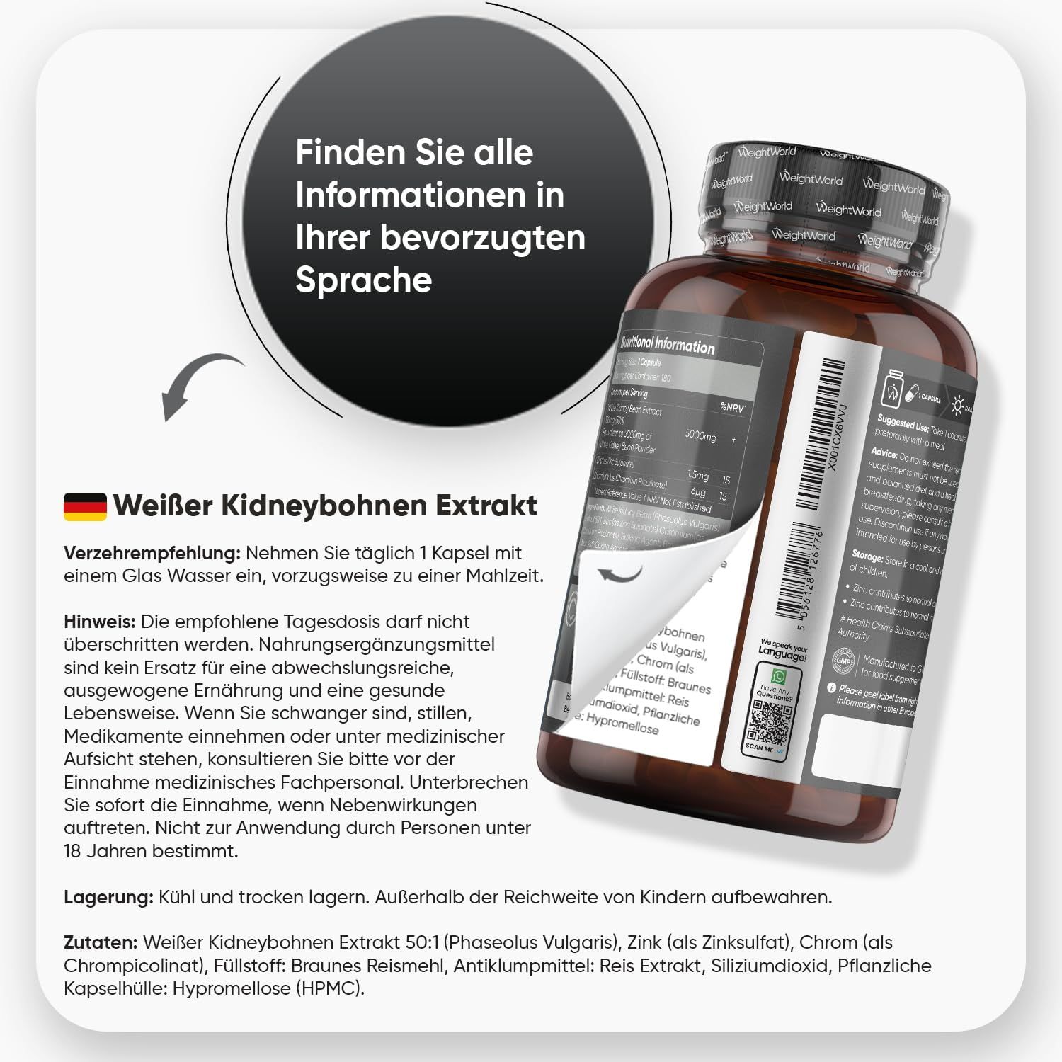 Achterkant van een fles capsules. Tekst: Witte bonen extract, ingrediënten, opslag, aanbeveling voor gebruik.