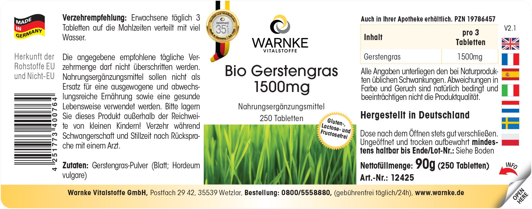Etiket met productnaam, logo en informatie. Bevat 250 tabletten. Gemaakt in Duitsland. Gluten- en lactosevrij.