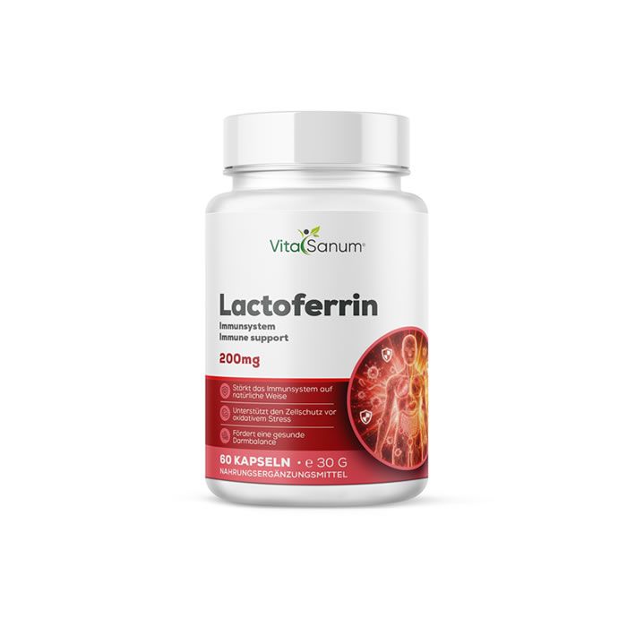 VitaSanum Lactoferrin capsules: Witte pot met rood etiket, 60 capsules, 30g.