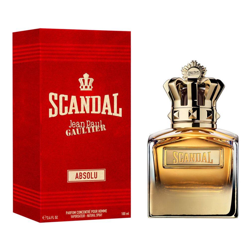 Boîte rouge et flacon doré. Flacon avec couronne et inscription "SCANDAL". Emballage à côté.