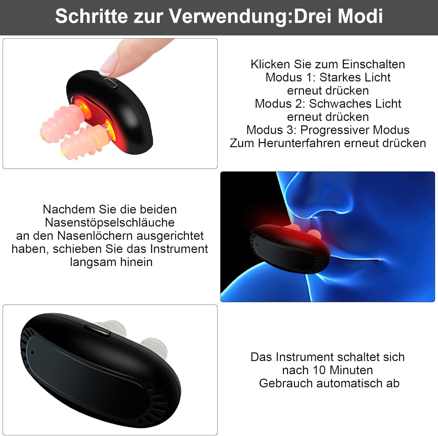 Drie afbeeldingen: Gebruiksstappen. Boven: Apparaat met rood licht. Midden: Apparaat in neus. Onder: Apparaat van onderaf. Tekst: 10 minuten.