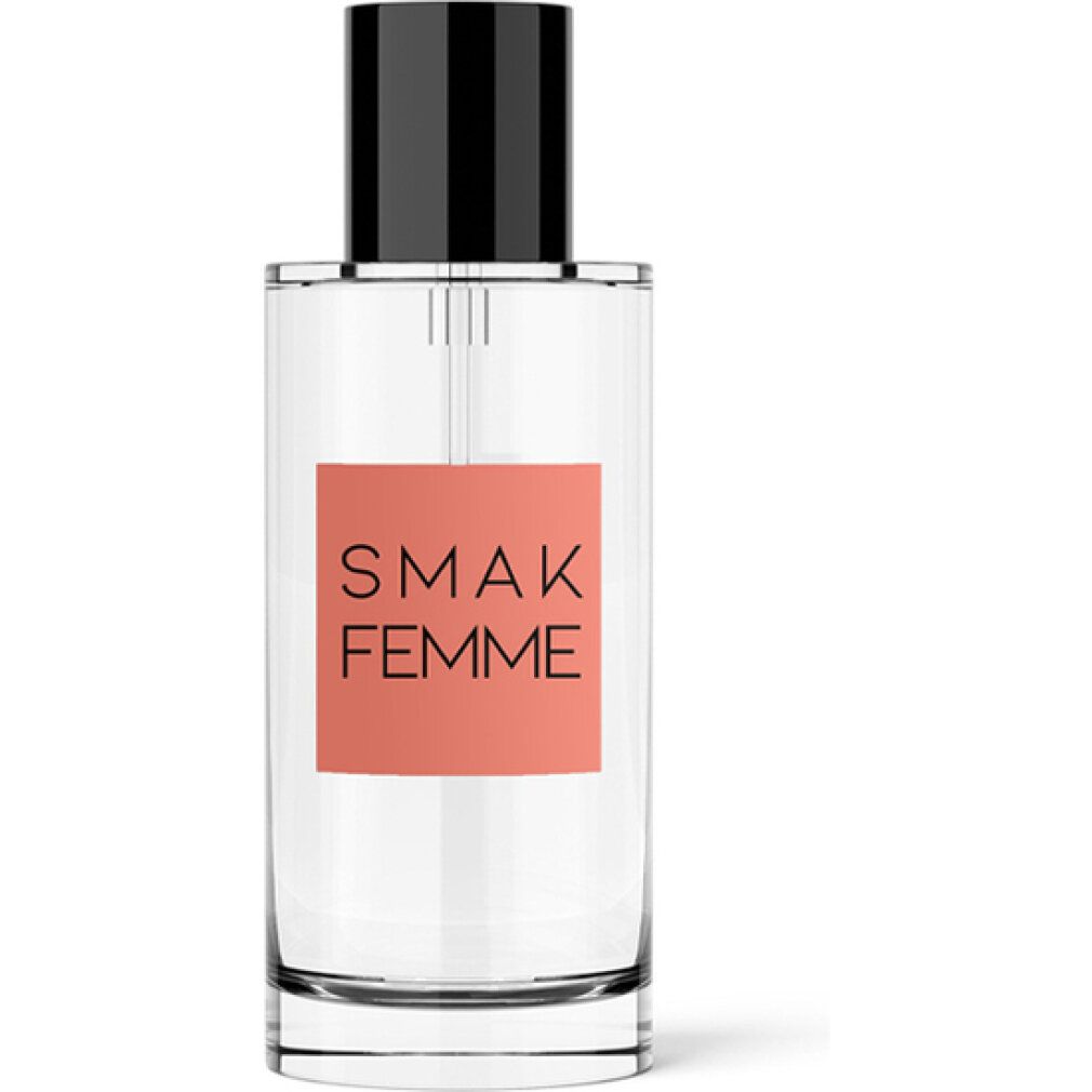 Flacon transparent avec bouchon noir. Étiquette "SMAK FEMME".