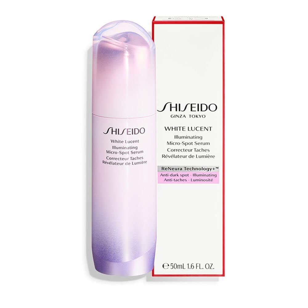 Shiseido White Lucent Serum. Fles en verpakking. Wit-roze verloop. Tekst: White Lucent, Illuminating Micro-Spot Serum, Anti-vlekken.