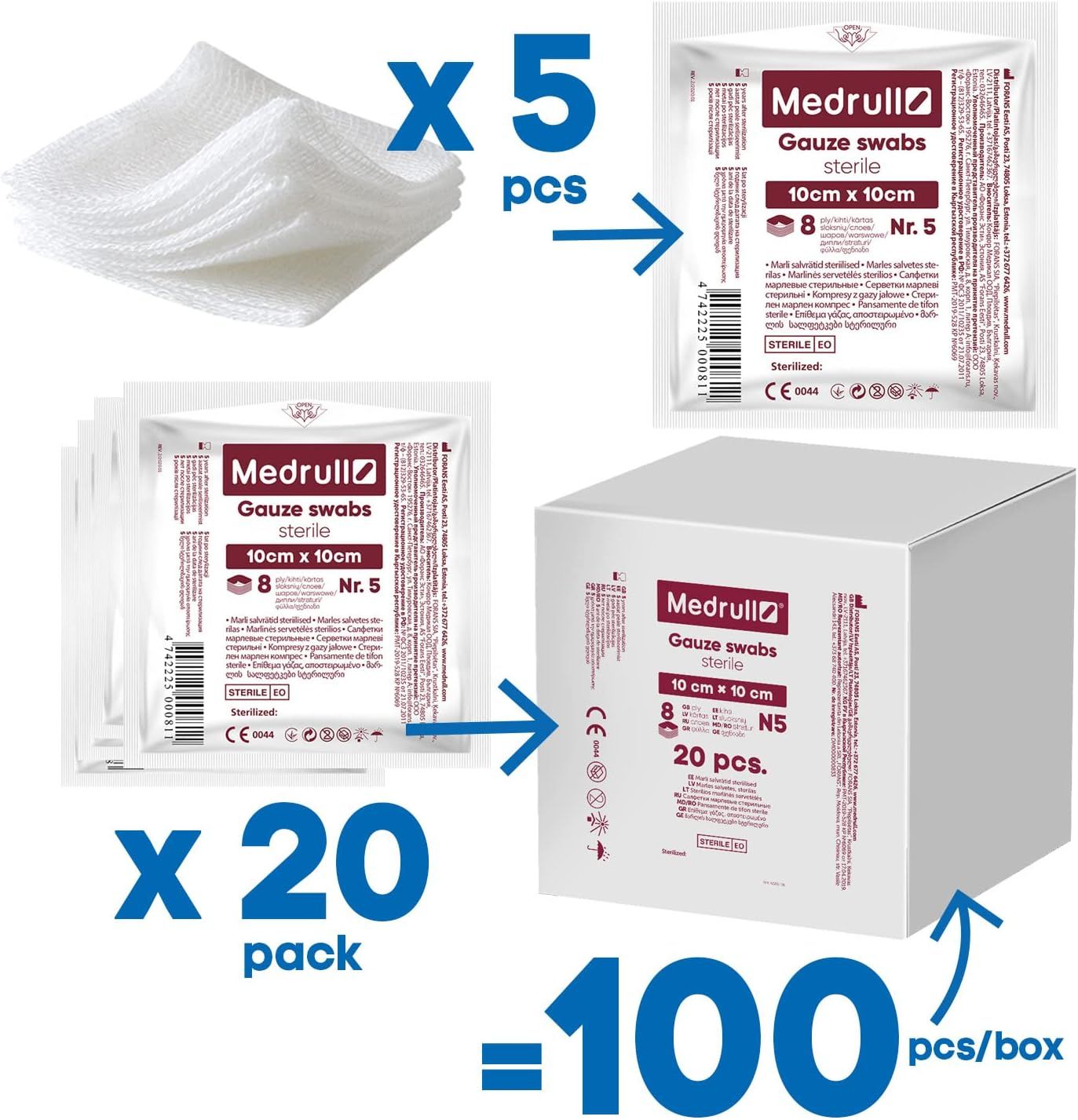 Medrull gaaskompressen: 5x20 stuks = 100 stuks/doos. Individueel verpakte kompressen.