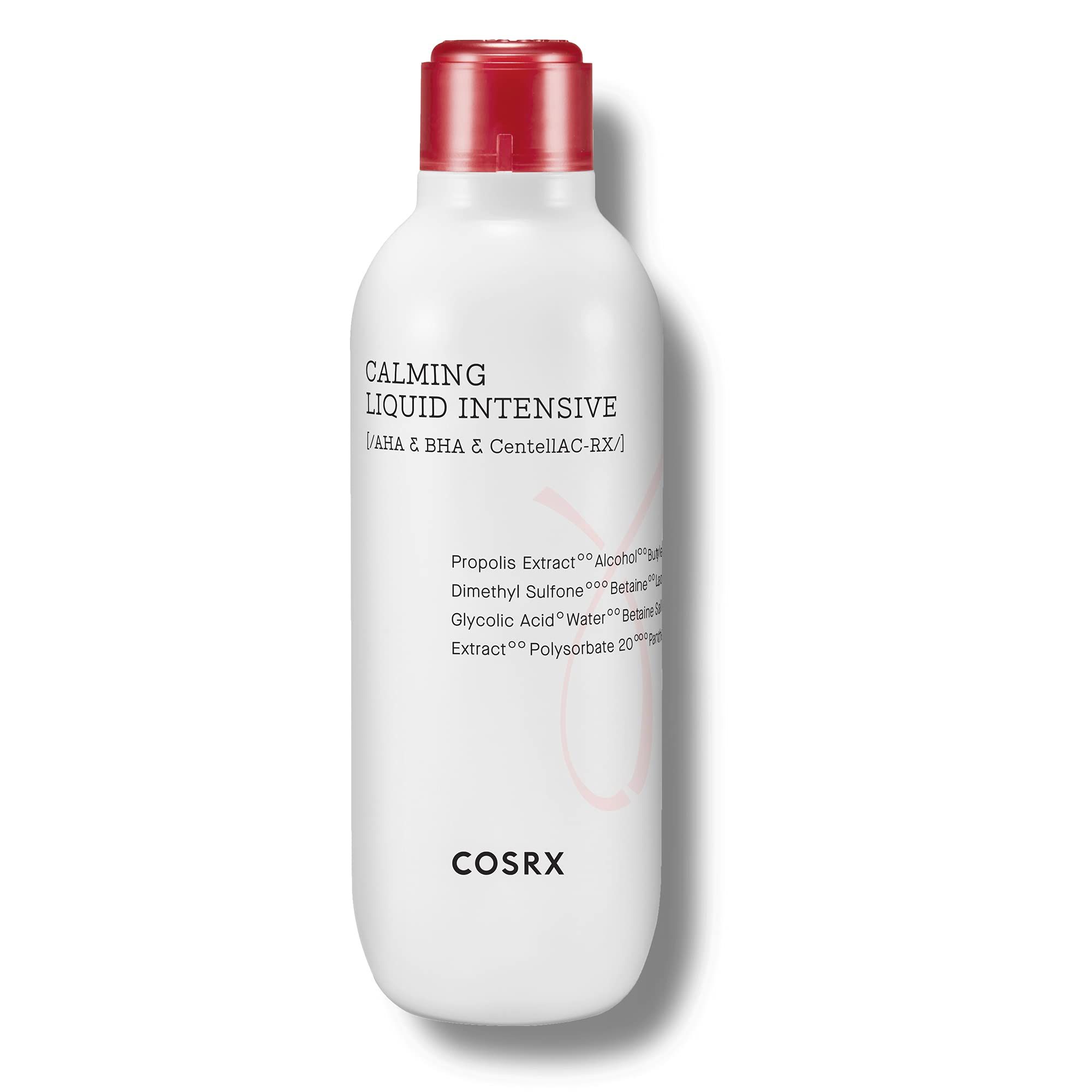 Bouteille COSRX Calming Liquid Intensive avec bouchon rouge, isolée sur fond blanc.