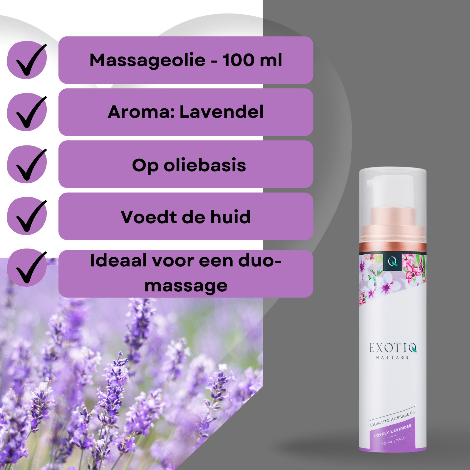 Product met tekstvelden: massageolie, aroma lavendel, op oliebasis, voedt de huid, ideaal voor een duo-massage.
