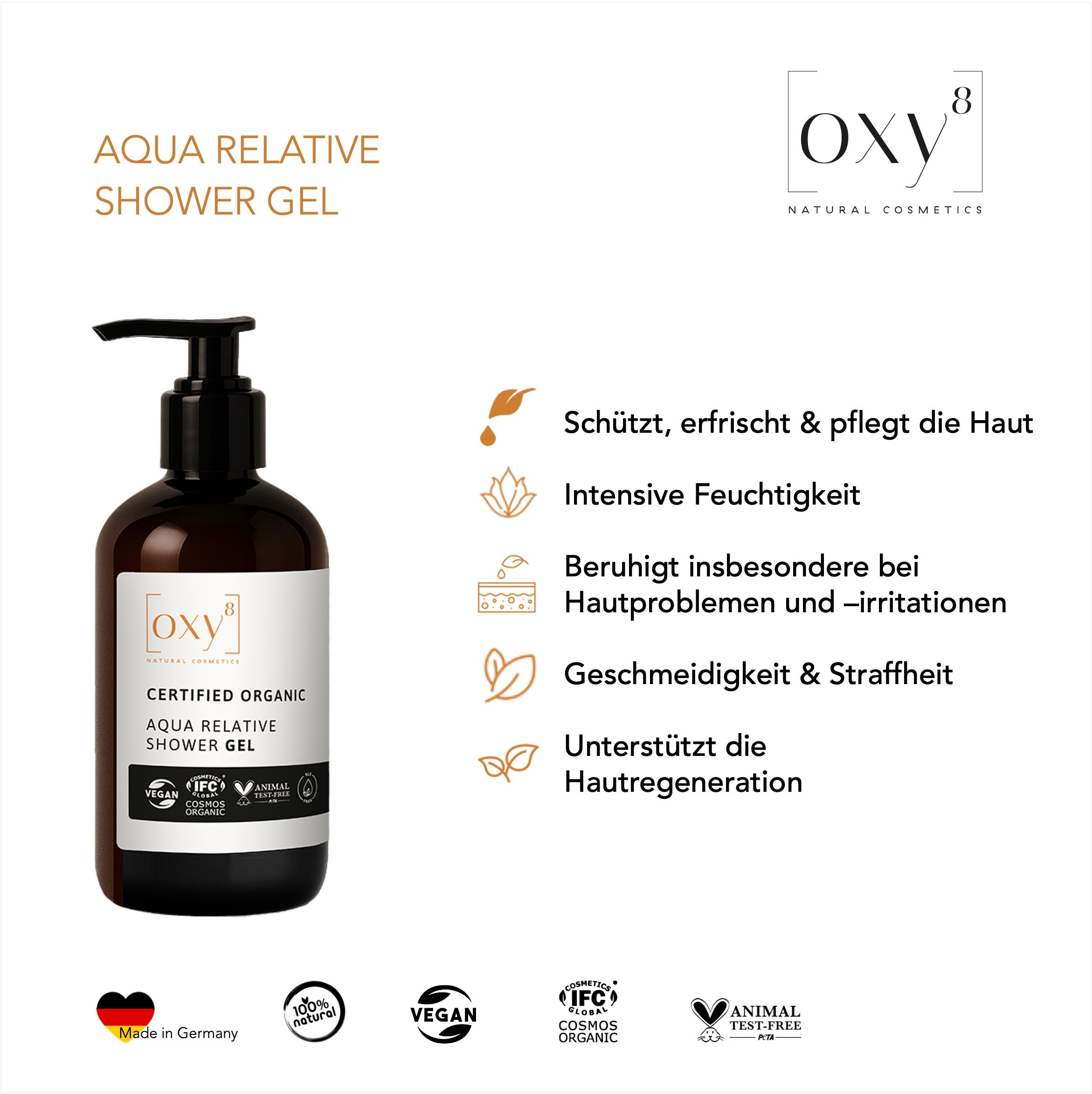 Flacon brun avec pompe noire. Étiquette avec nom du produit et logo. Certifications : Vegan, Cosmos Organic, Animal Test-Free.