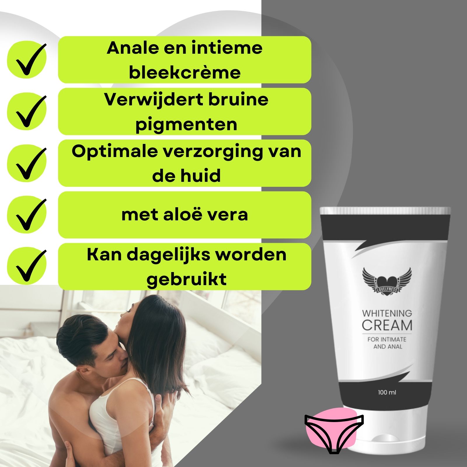 Crèmetube. Tekst: Whitening Cream, voor intiem en anaal. 100 ml. Achtergrond: paar. Tekst: Crème bleekmiddel anaal en intiem.