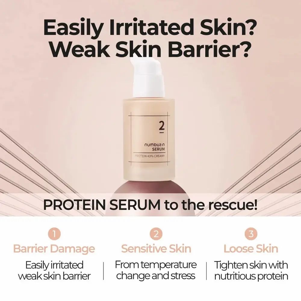 Publicité pour le sérum. Texte : Easily Irritated Skin? Weak Skin Barrier? PROTEIN SERUM to the rescue! 3 points.