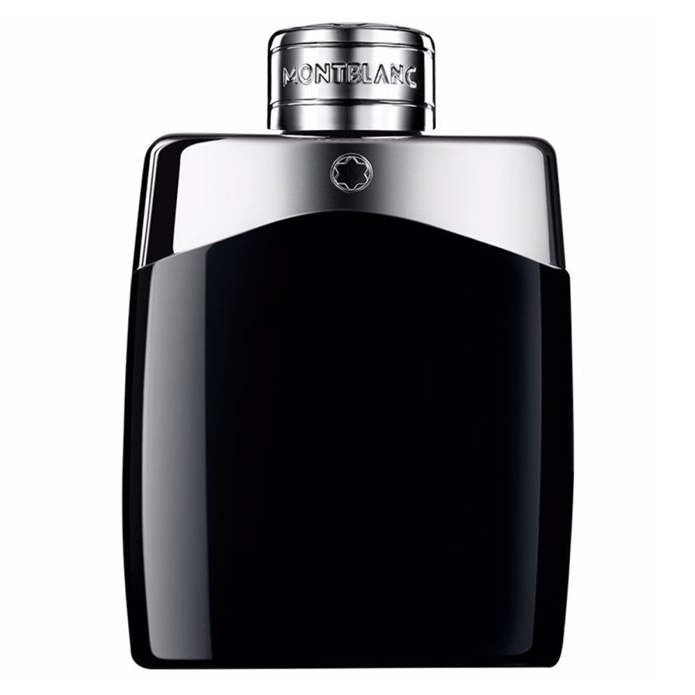 Flacon noir avec bouchon argenté. Inscription: MONTBLANC. Logo. Flacon sur fond blanc.
