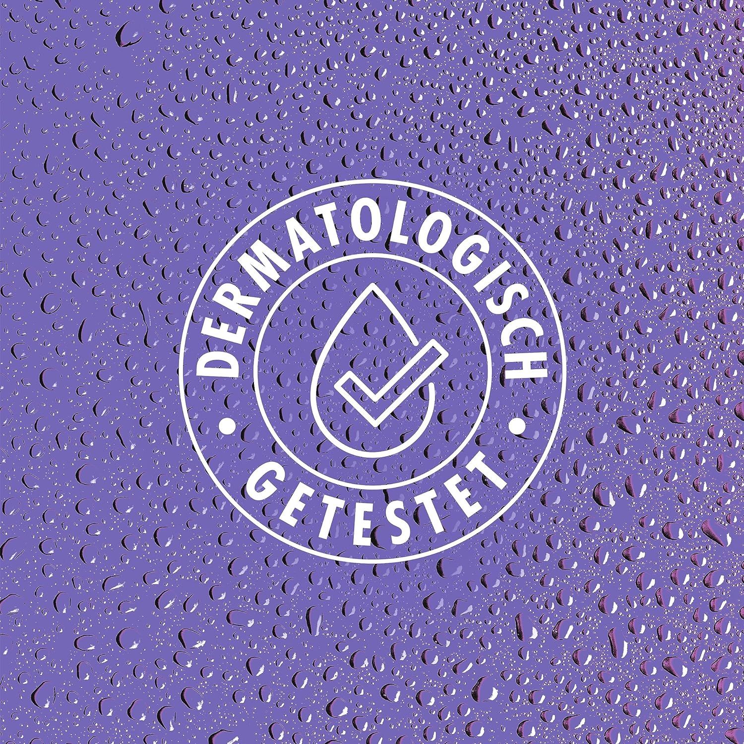 Logo rond avec goutte et coche. Texte: Testé dermatologiquement.