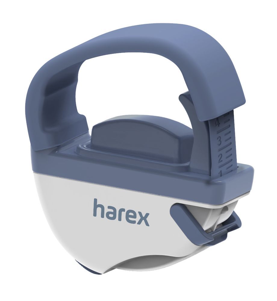 Blauw-wit apparaat met schaalverdeling en de tekst "harex".