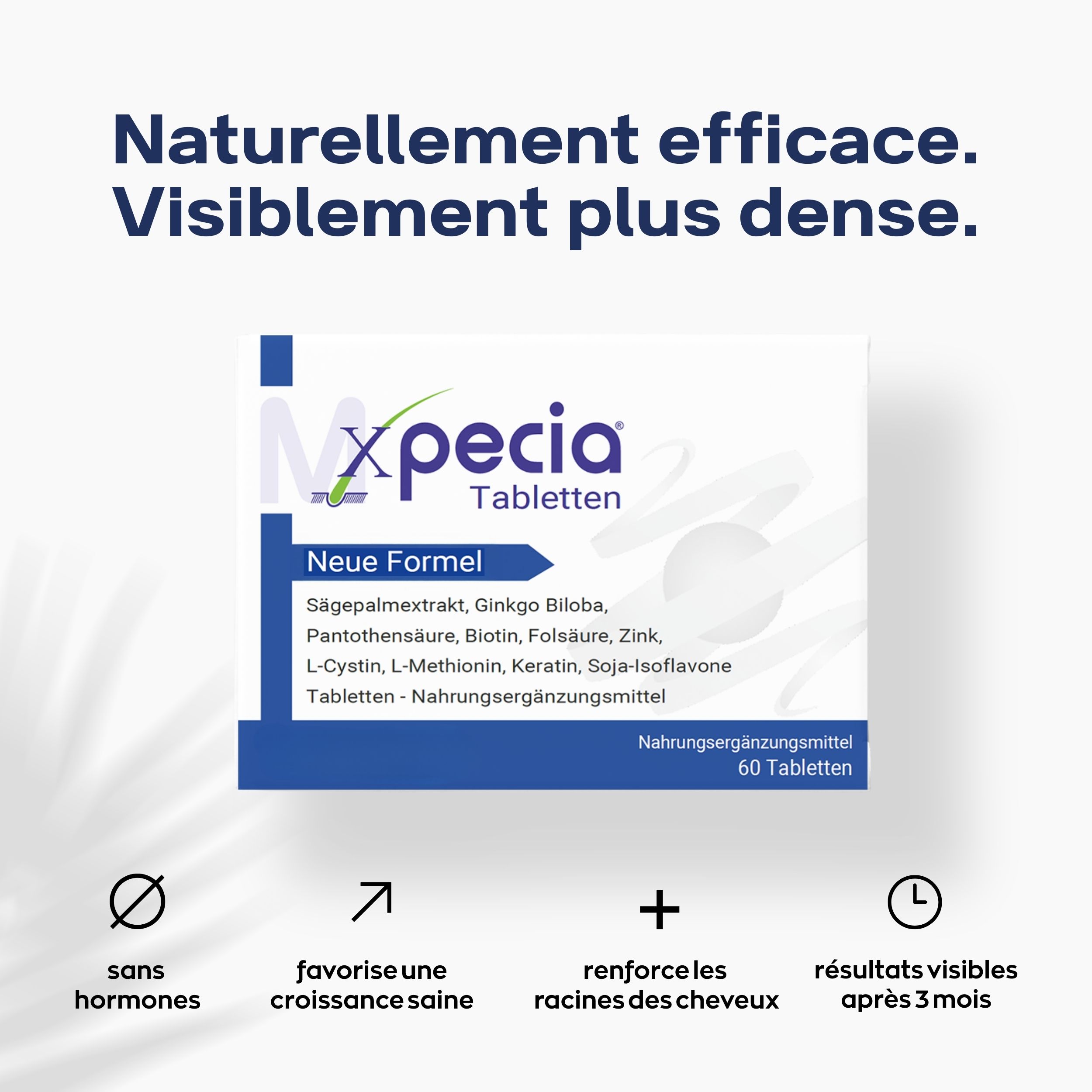 Boîte de comprimés Xpecia. Emballage bleu avec texte. Contient 60 comprimés. Sans hormones, favorise la croissance.