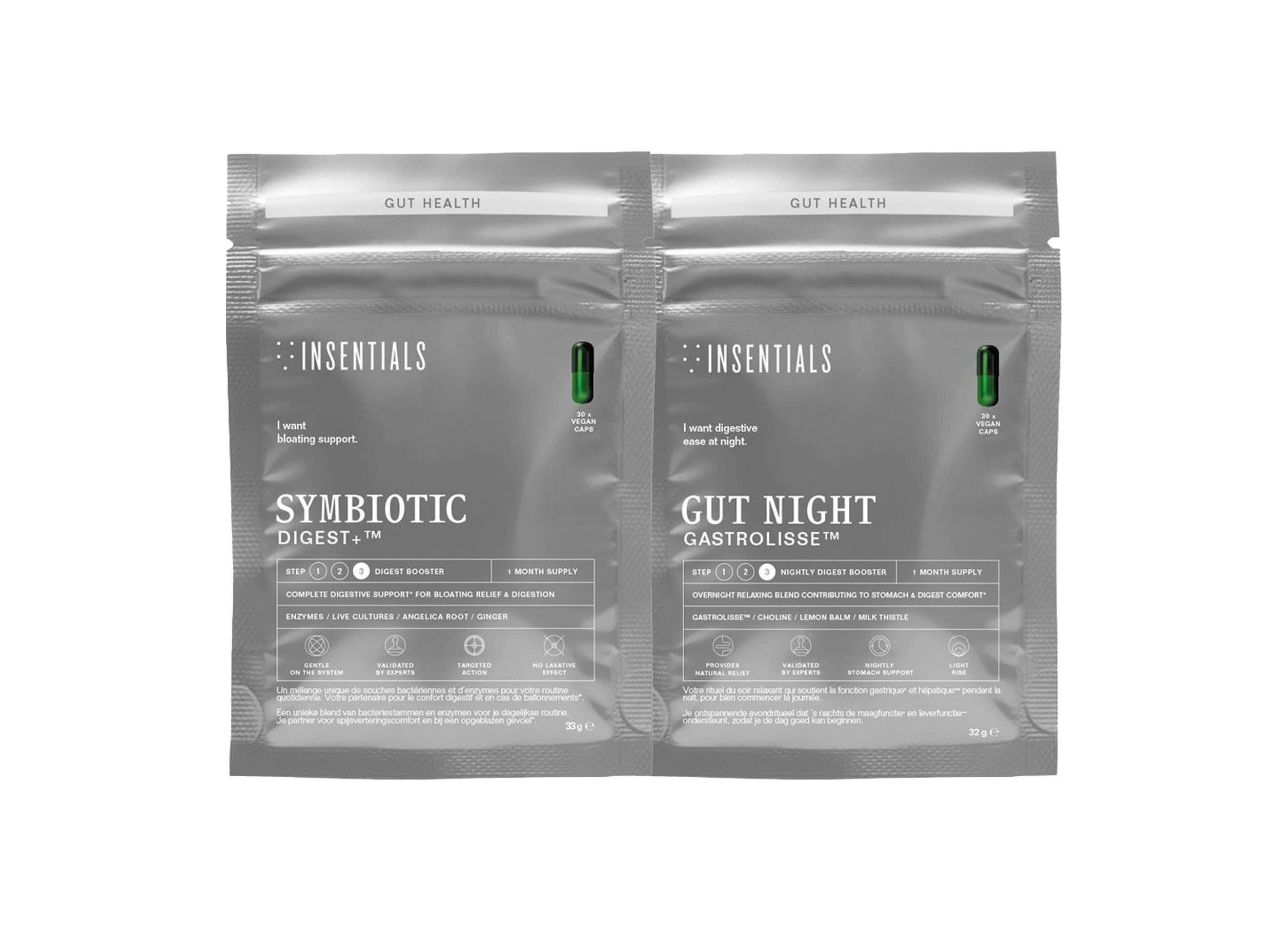 Deux sachets argentés, l'un étiqueté 'Symbiotic Digest', l'autre 'Gut Night Gastrolisse'.