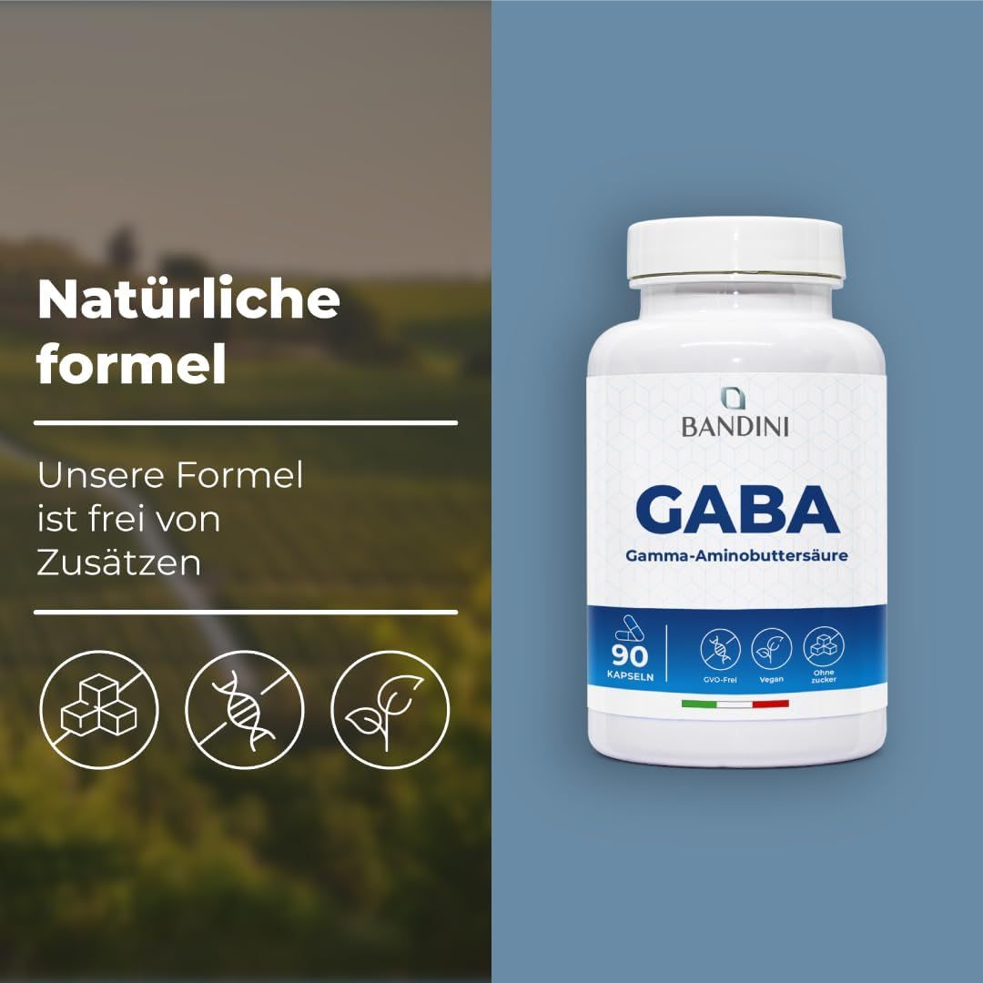 Witte fles GABA capsules. Opschrift: Bandini, GABA, 90 capsules. Tekst: Natuurlijke formule, zonder toevoegingen.